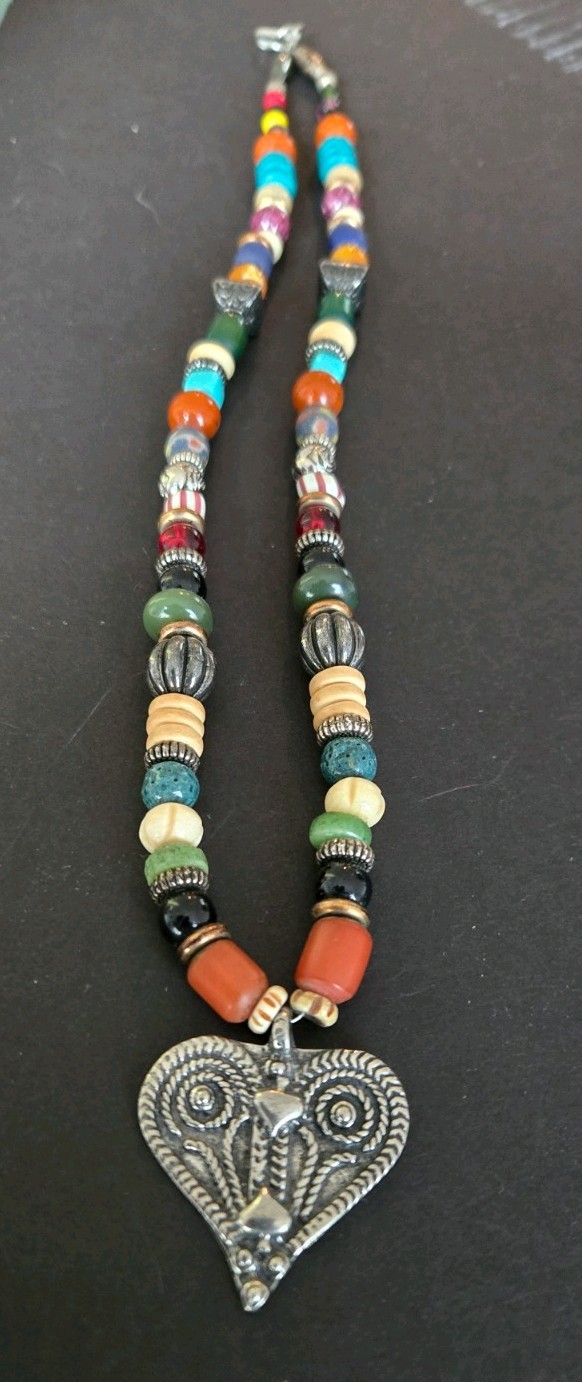 Unique Vintage Boho Multicolor Bead Necklace W/Heart Pendant