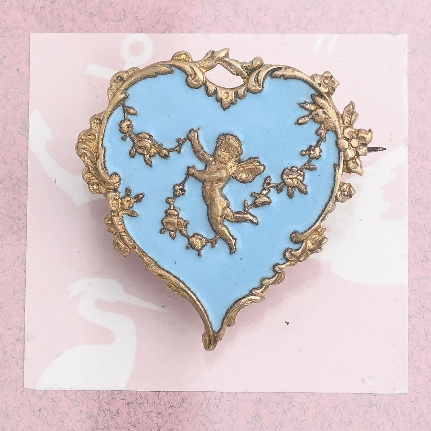 Antique Victorian Rococo Angel Putto HEART Blue Enamel Brooch Pin