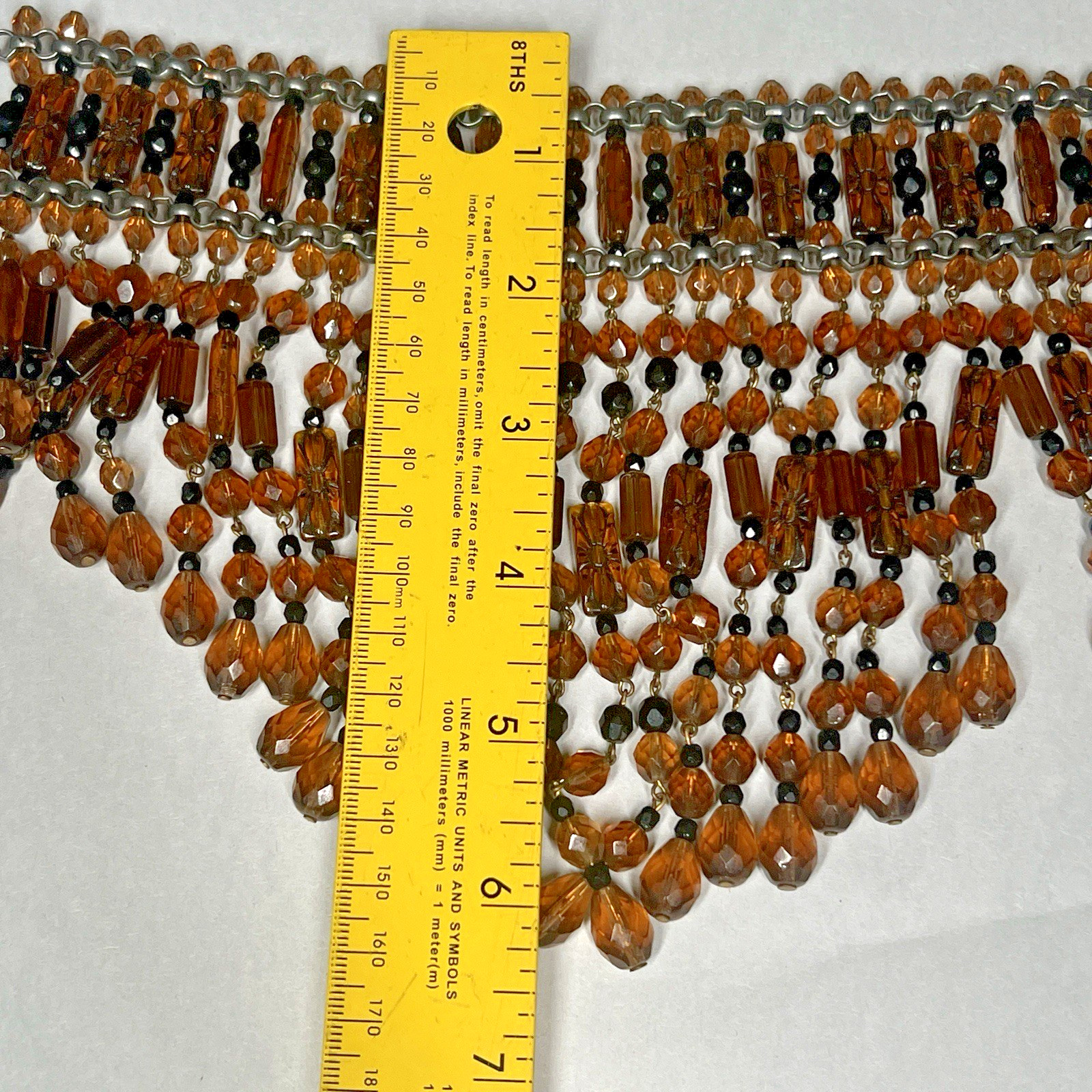 Vintage Amber Glass Beaded Choker Fringe Statement Necklace Collar Bib 15″-18”