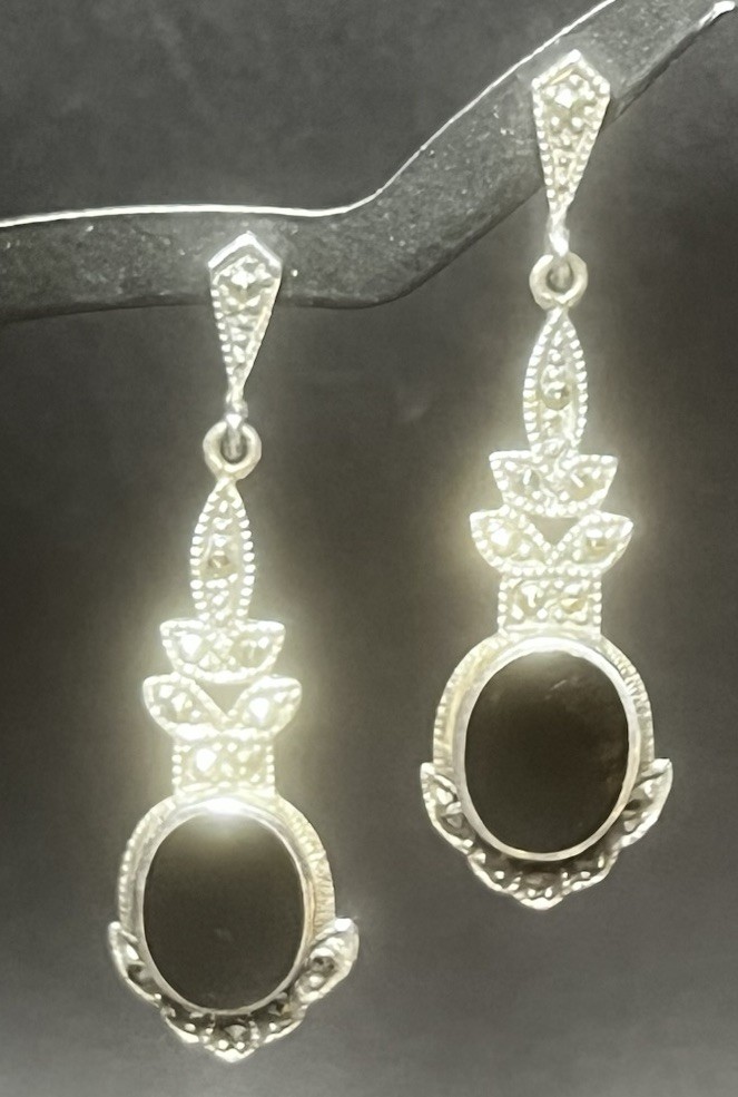 Vintage CW Marcasite Onyx Sterling Silver Drop Dangle Pierced Earrings