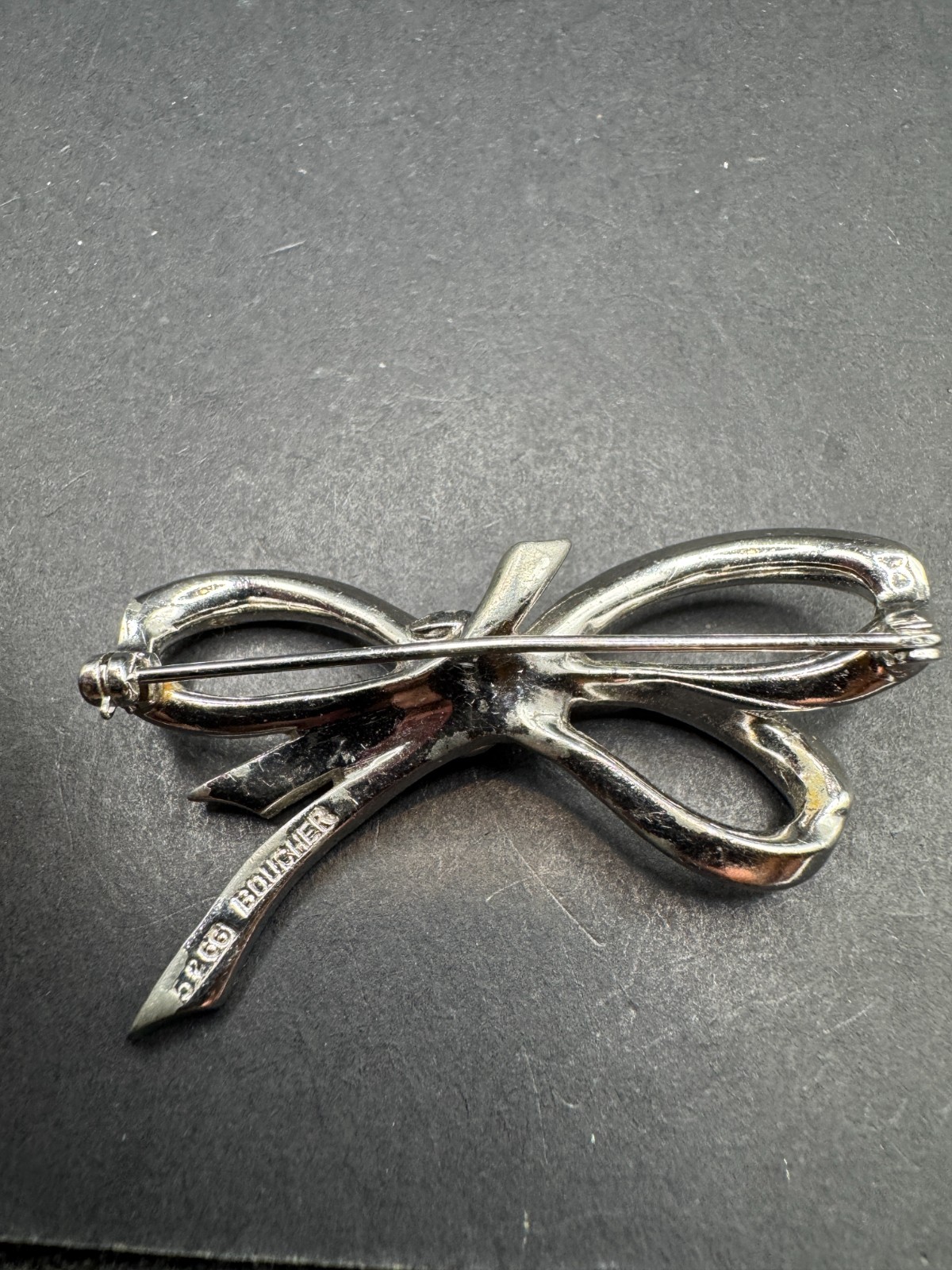 Vtg Marcel Boucher Bow Brooch Pin SIlver Tone Emerald Cut and Round Crystal 5266