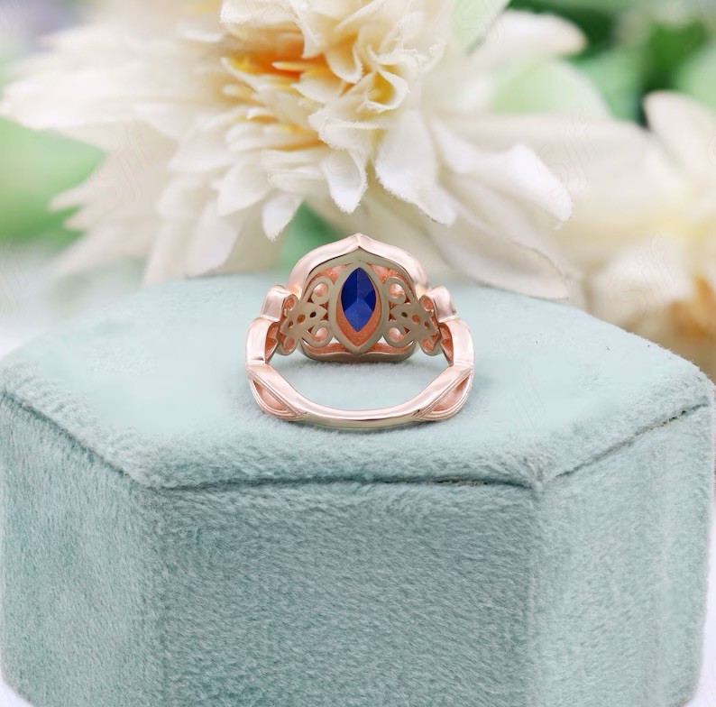 Art Deco 1.2 Ct Blue Sapphire Marquise Cut Lab Diamond Bridal Engagement Ring