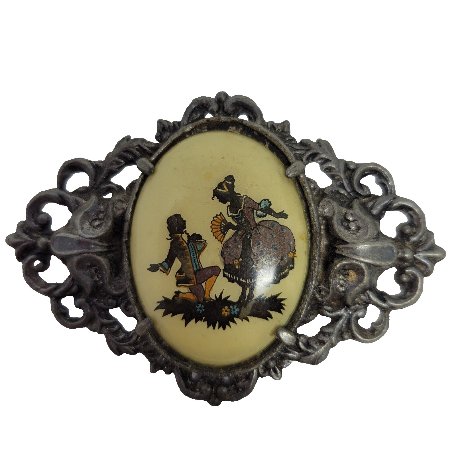 Antique Victorian Porcelain Courting Couple Repousse Pewter Brooch Large