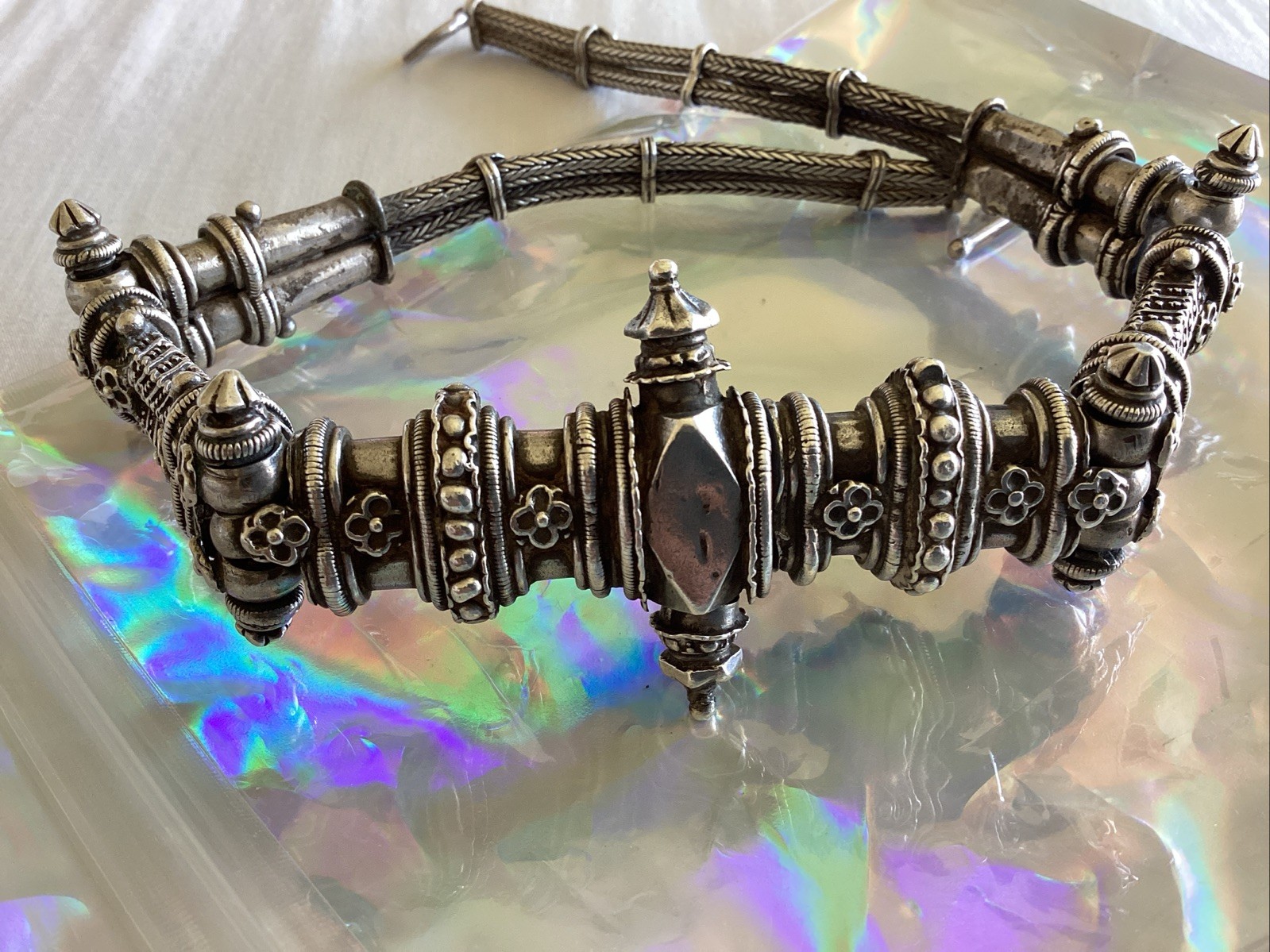 Vintage Heavy Silver Detailed Asian Indian Necklace Toggle Closure 186 Grams