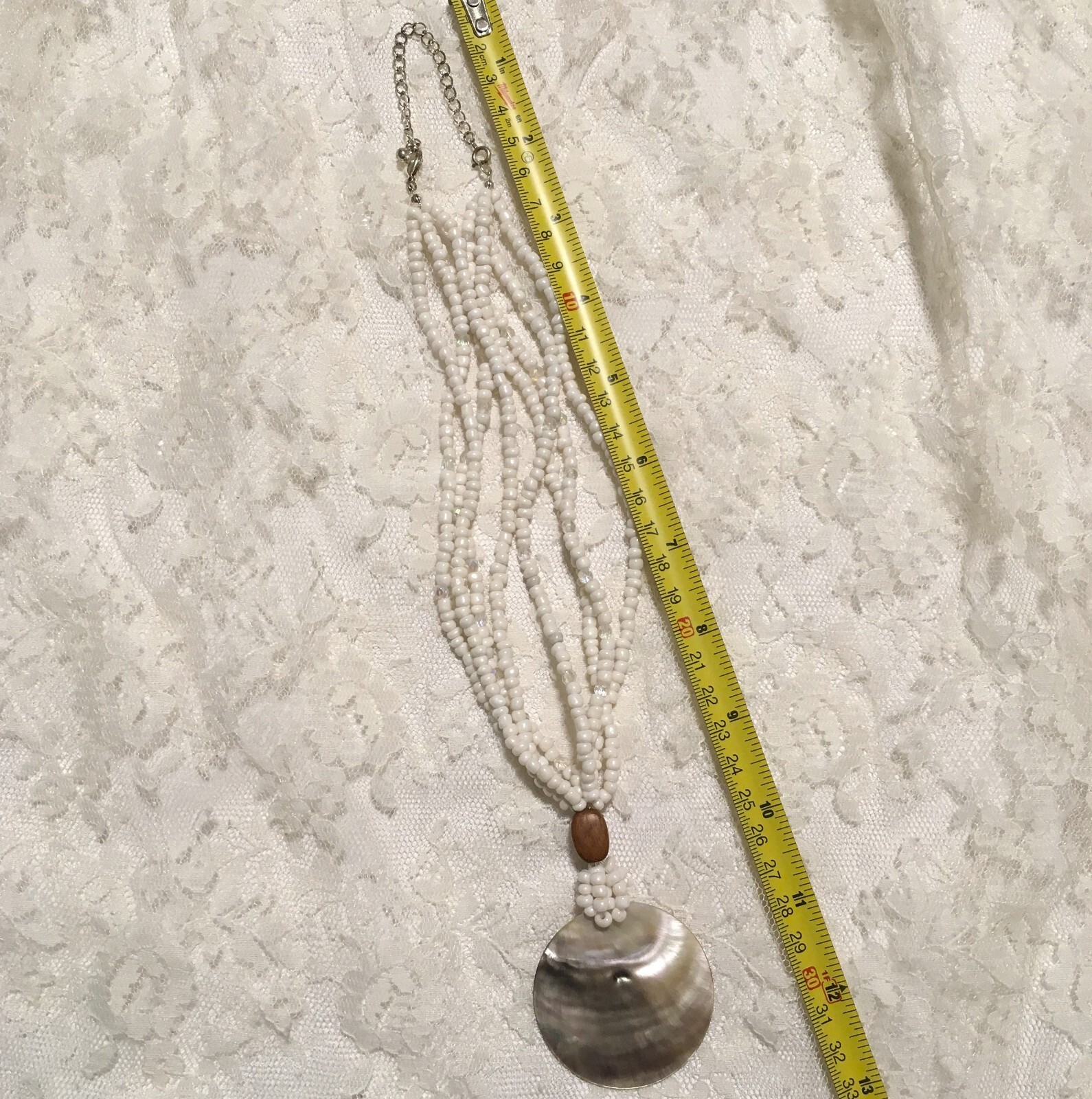 Vintage Avon Mother of Pearl Pendant Necklace White Beads Boho Beachy Statement