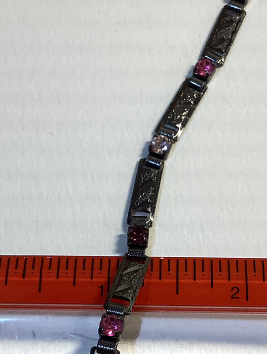 Vintage Gunmetal Purple Pink Rhinestone Tennis Bracelet Etched Links 7”