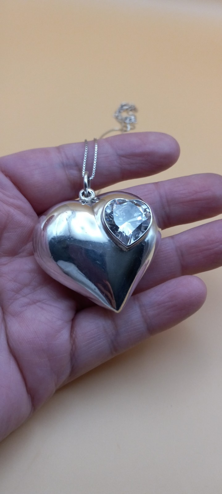 Vintage Sterling Silver 20in Box Necklace W/big Puff Heart W/big Cubic Zirconia