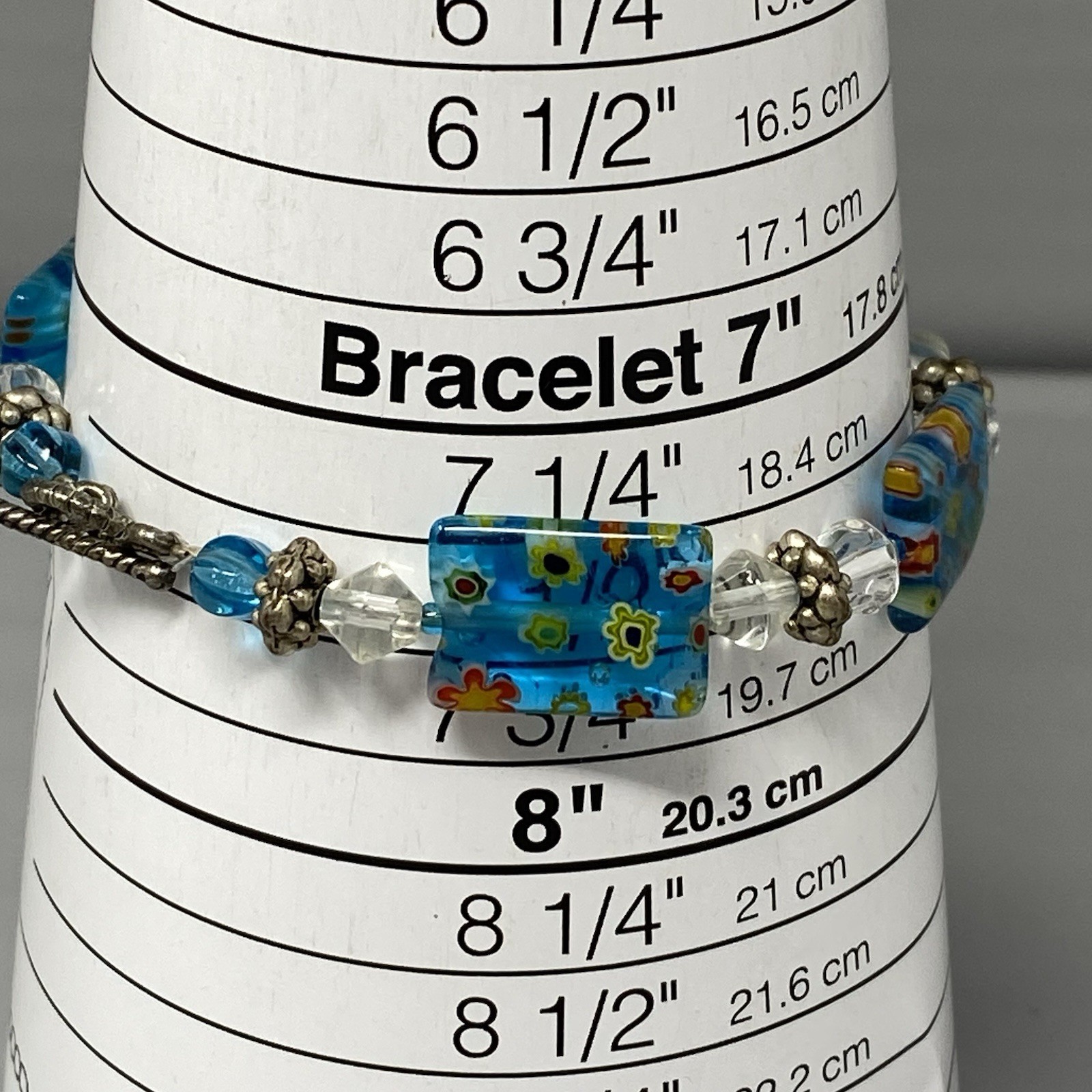 Millefiori Glass Bead Bracelet Blue Multicolor Flowers Clear Bicone Crystals 7.5