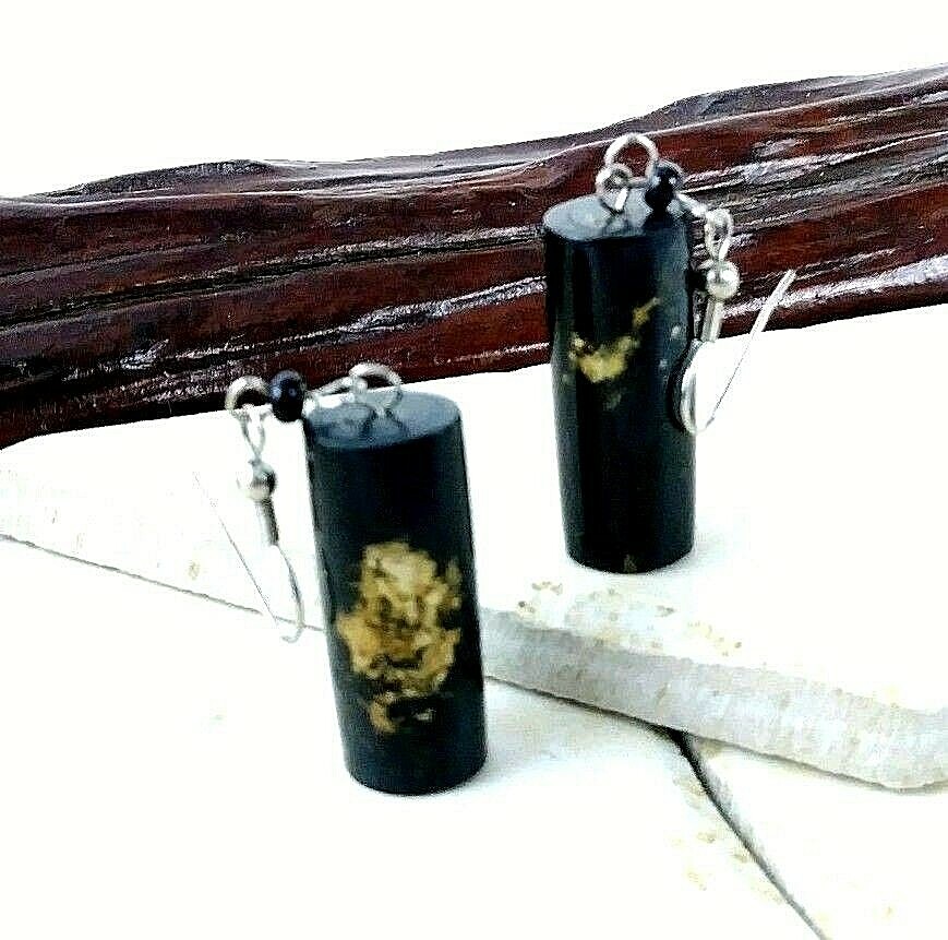 Black Coral Extra Large Vintage Earrings 1 cm Thick x 3 cm Long Hand Polished