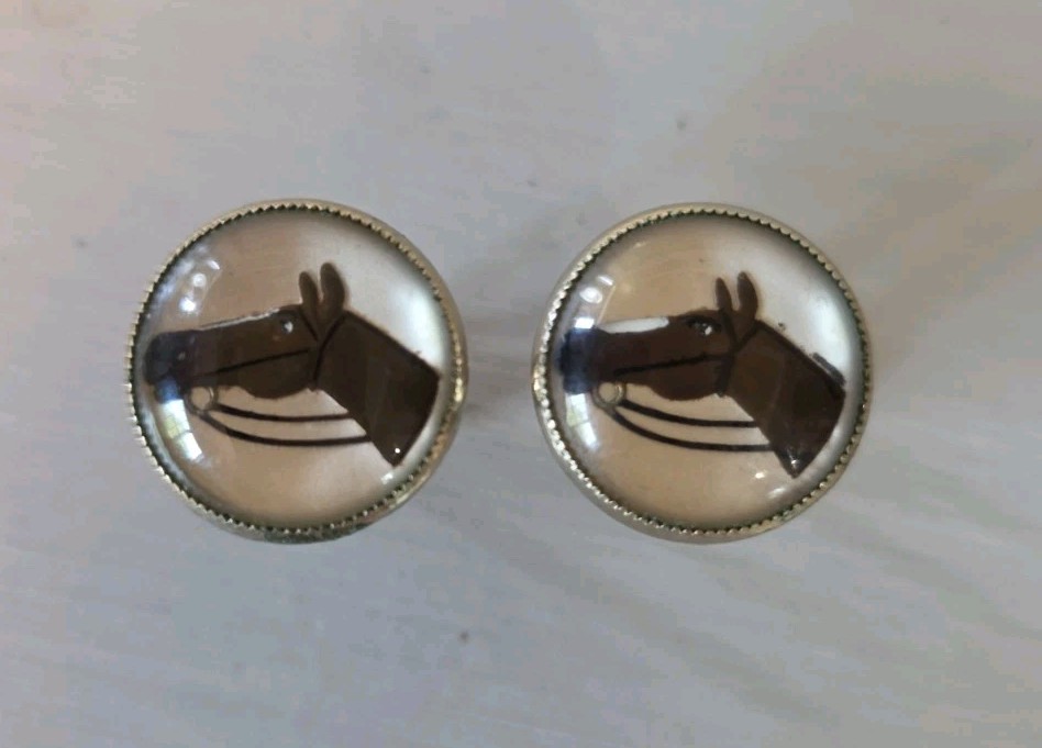 Vintage Equestrian Reverse Painted Glass Horse Head Cuff Links