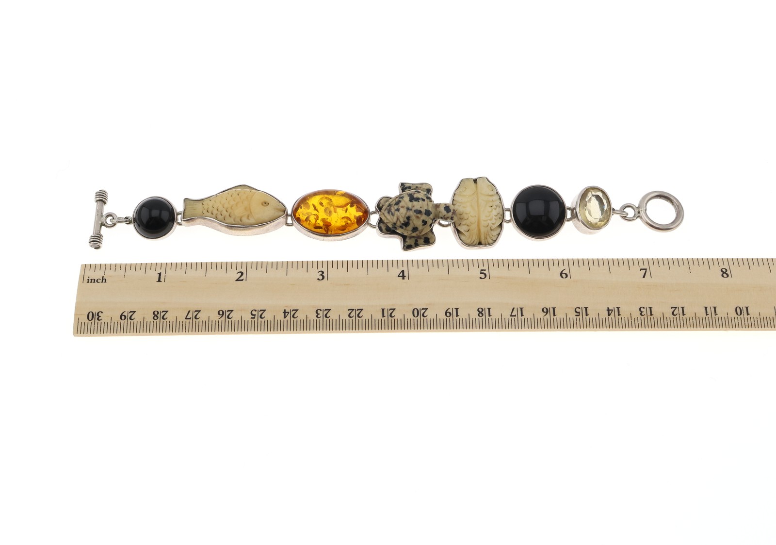 Amy Kahn Russell Sterling Silver Carved Stone 7.5 Inch Link Bracelet
