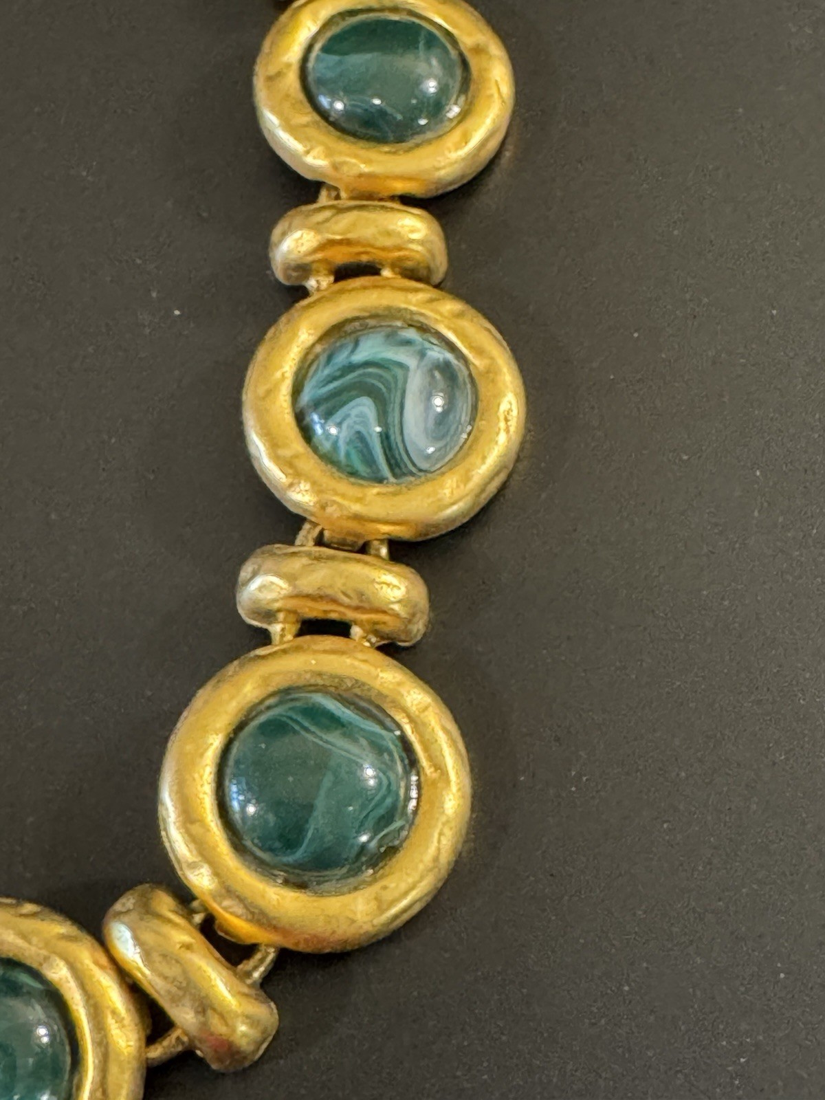 Vintage 16” Green Glass Cabochons Gold Tone Necklace