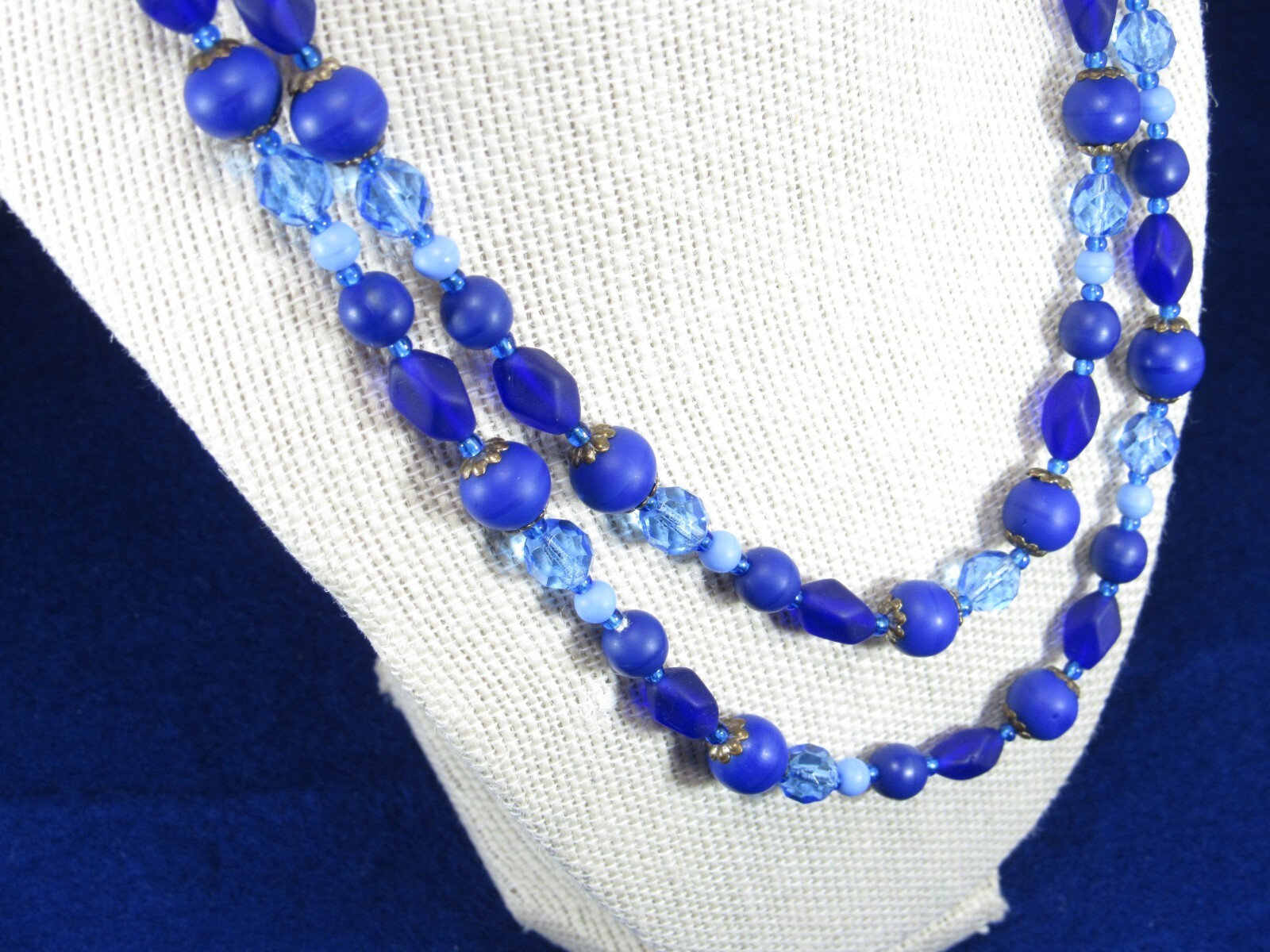Vintage Blue and Purple 2 Strand Art Glass Bead Necklace with Sea Glass Finish.