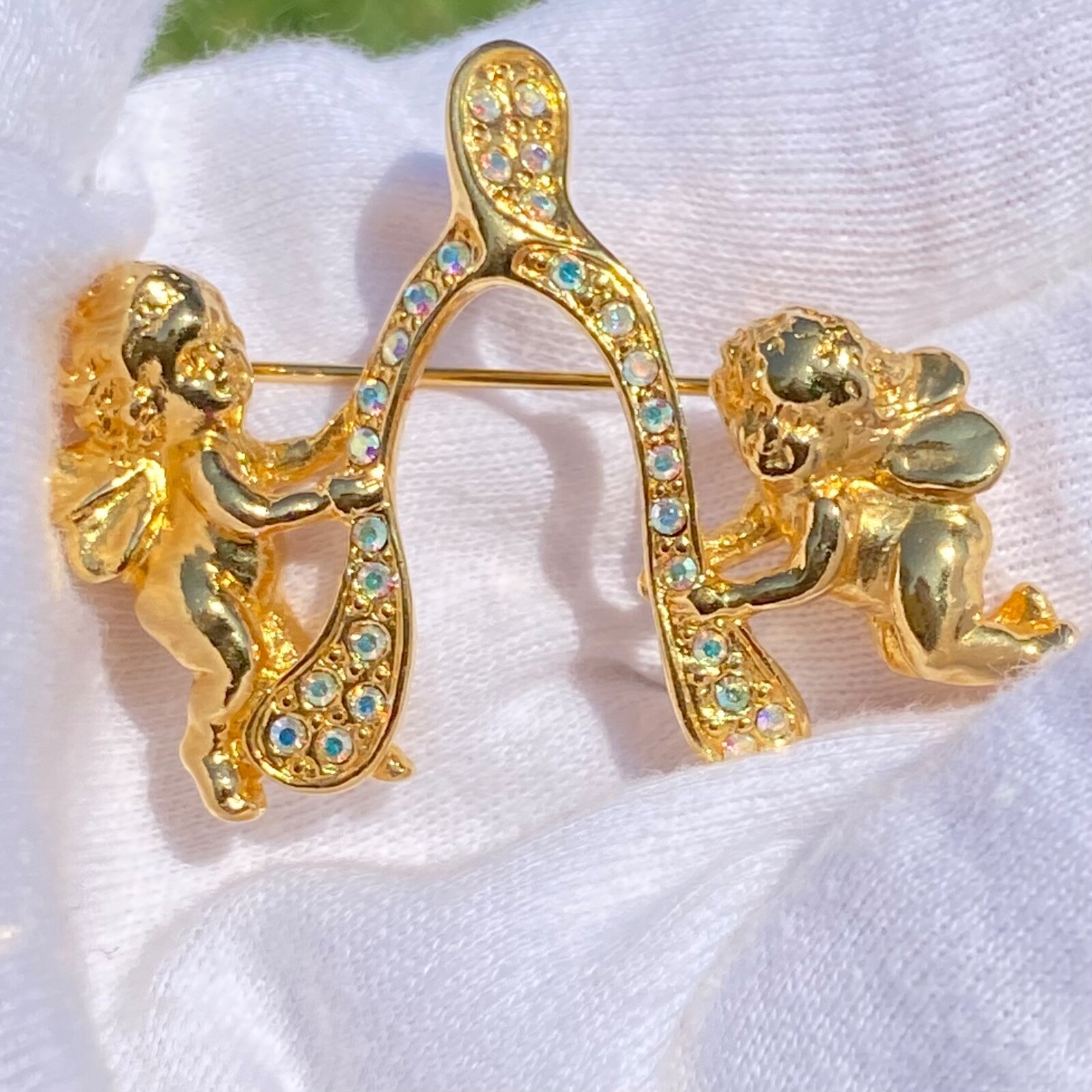 Sparkling Kirk’s Folly Signed Gold Tone Angel Cherub Wishbone Brooch Pin