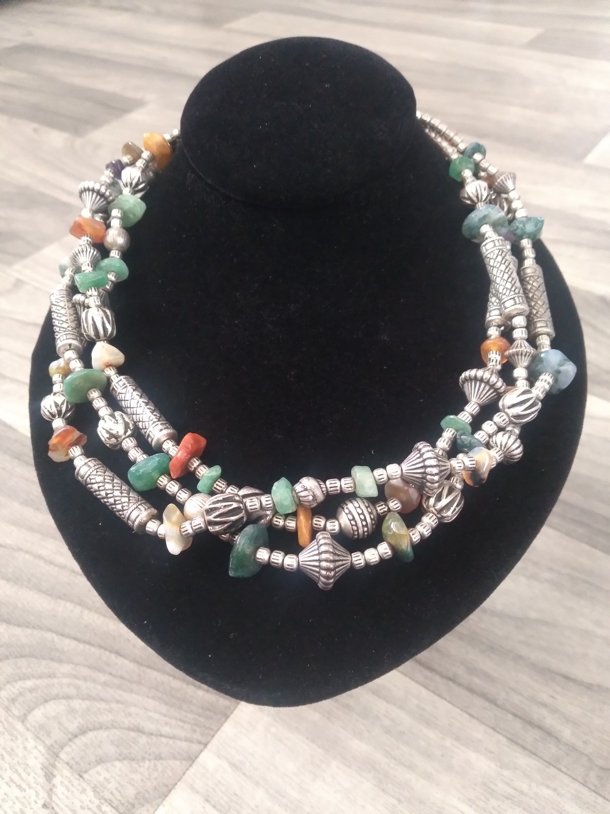 Vintage Silver Stone Necklace Beaded 3 Strand 18 inches