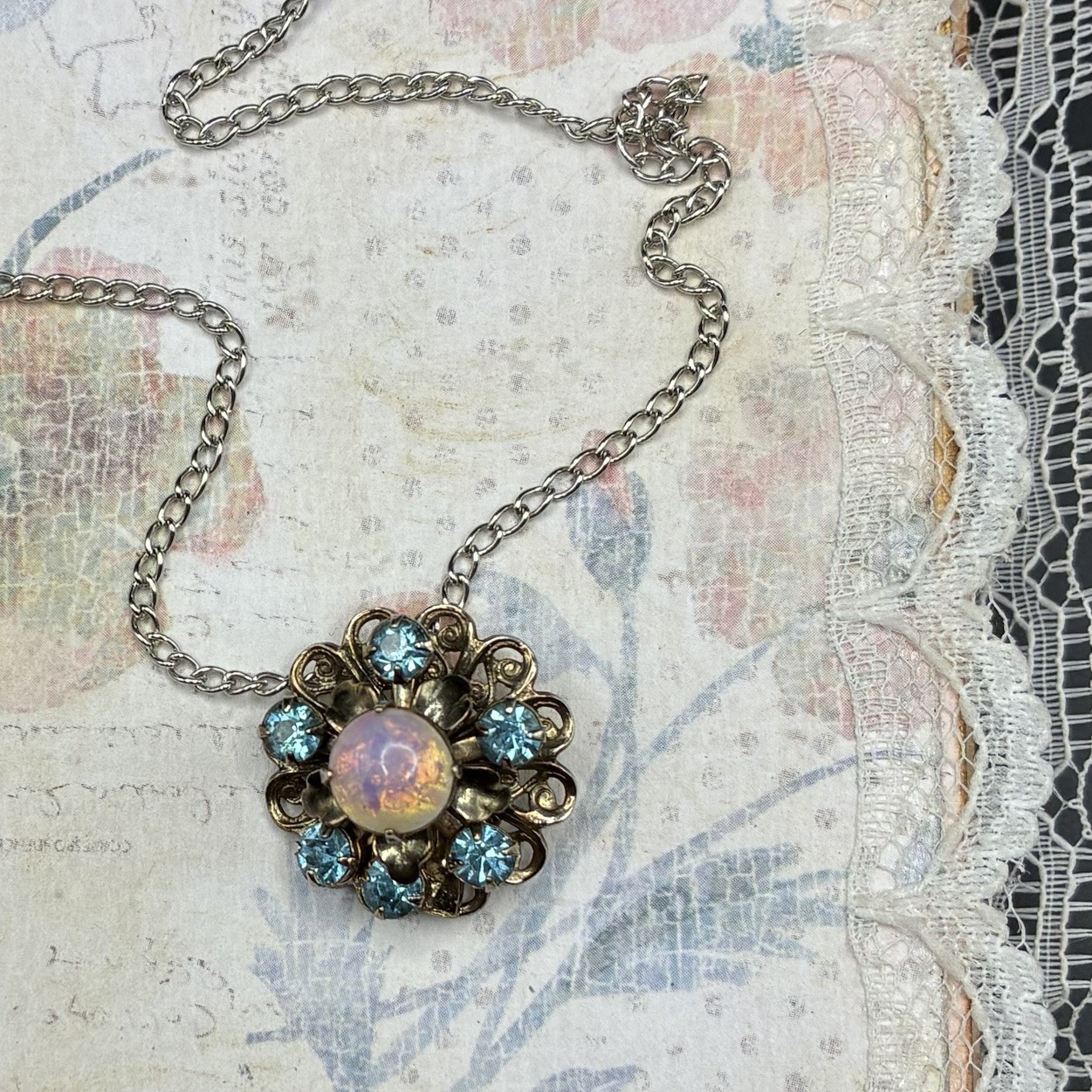 Custom Vintage Faux Opal & Blue Rhinestone Pendant Necklace, Very Fetching! OOAK