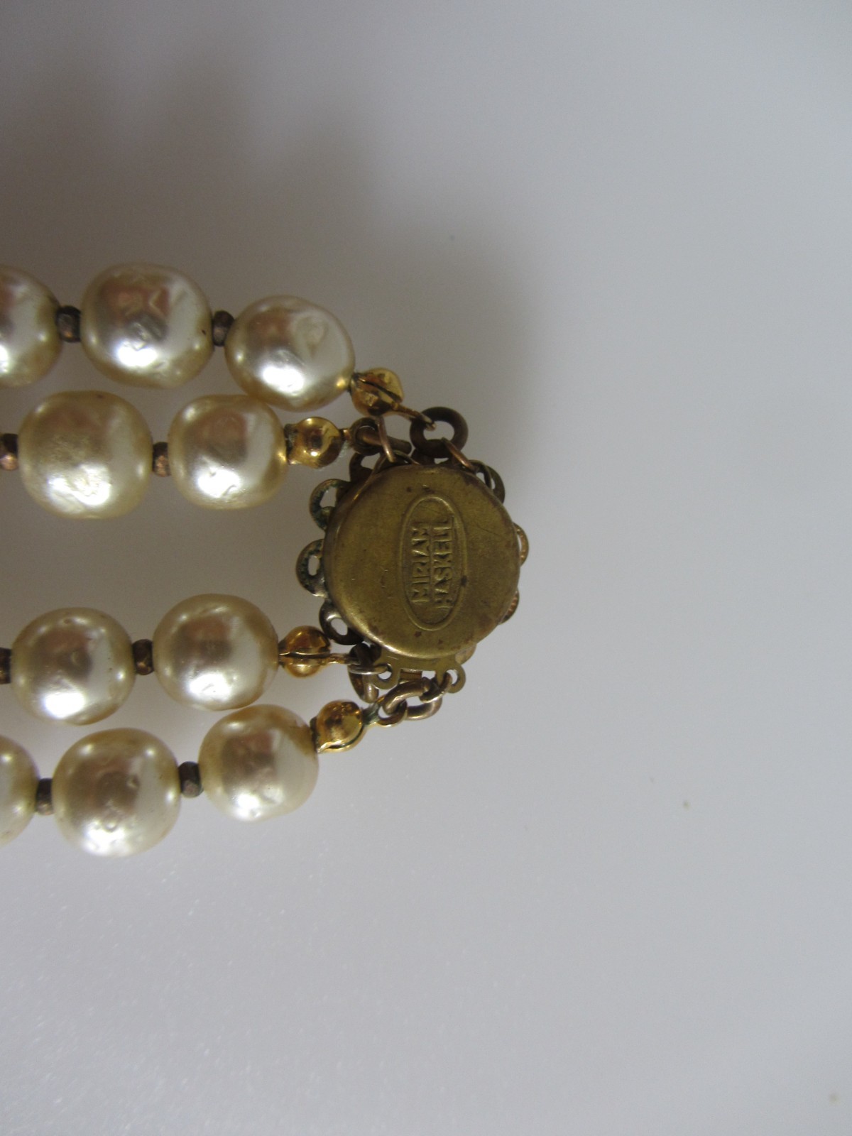 Vintage Signed Miriam Haskell Double Strand Pearl Necklace with Ornate Leaf Pend