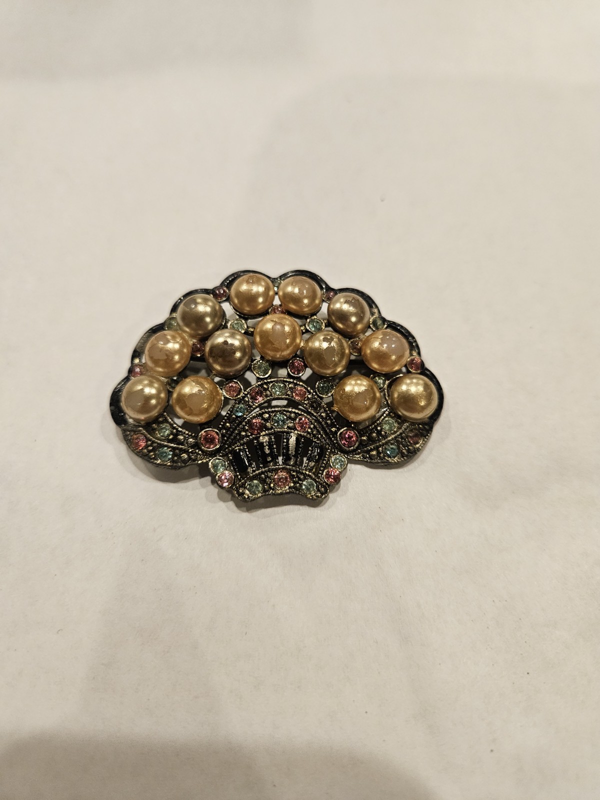 Vintage New England Glass Works Pearl Tree Brooch With Pink & Green Crystals