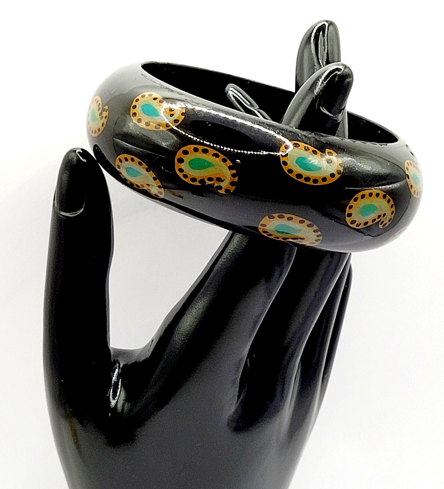 Paisley on Black Vintage Wide Chunky Vintage 1980s Acrylic Bangle Bracelet 8 In