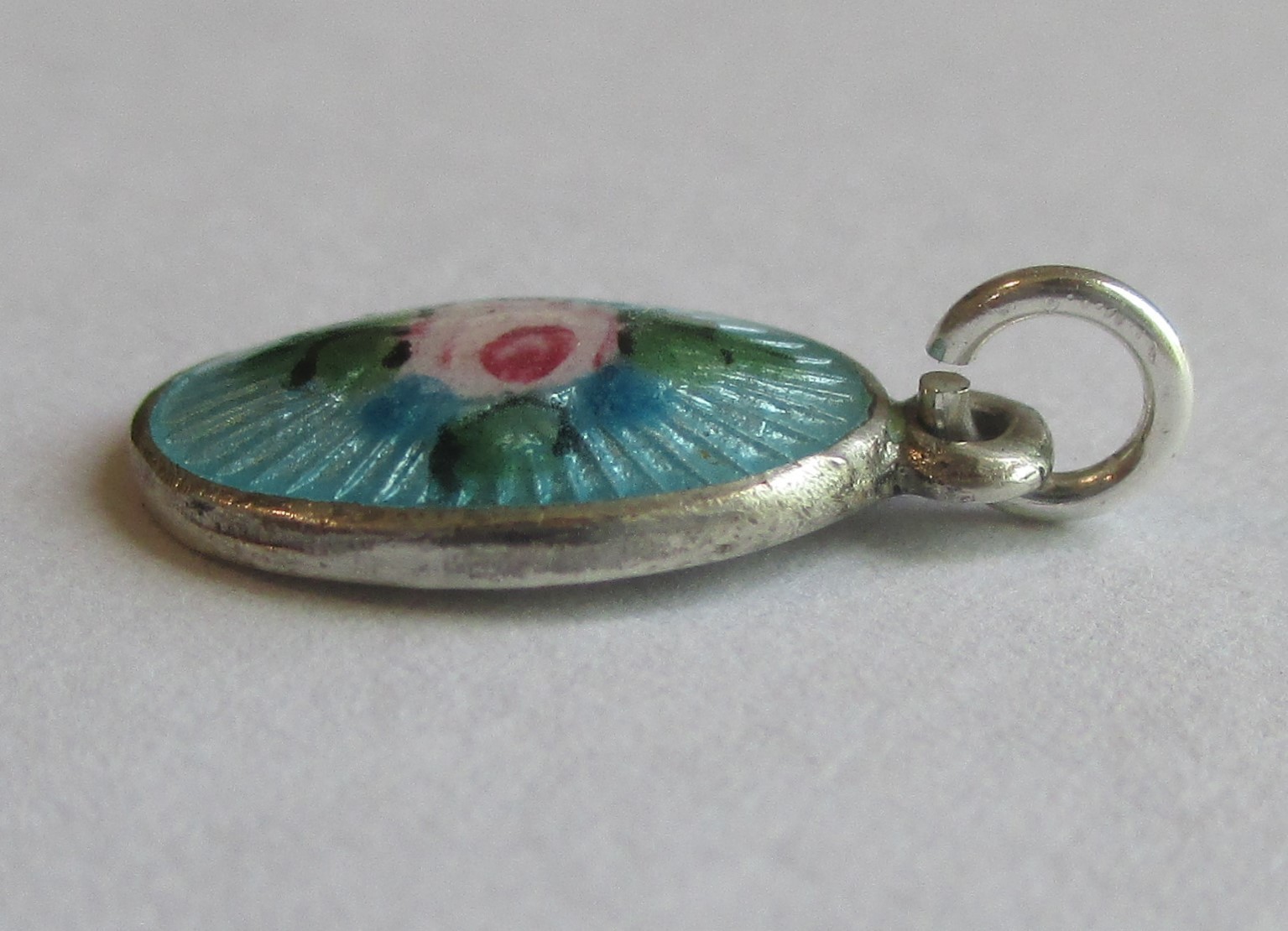 9/16in SMALL VINTAGE STERLING SILVER BLUE GUILLOCHE ENAMEL ROSE FLOWER CHARM