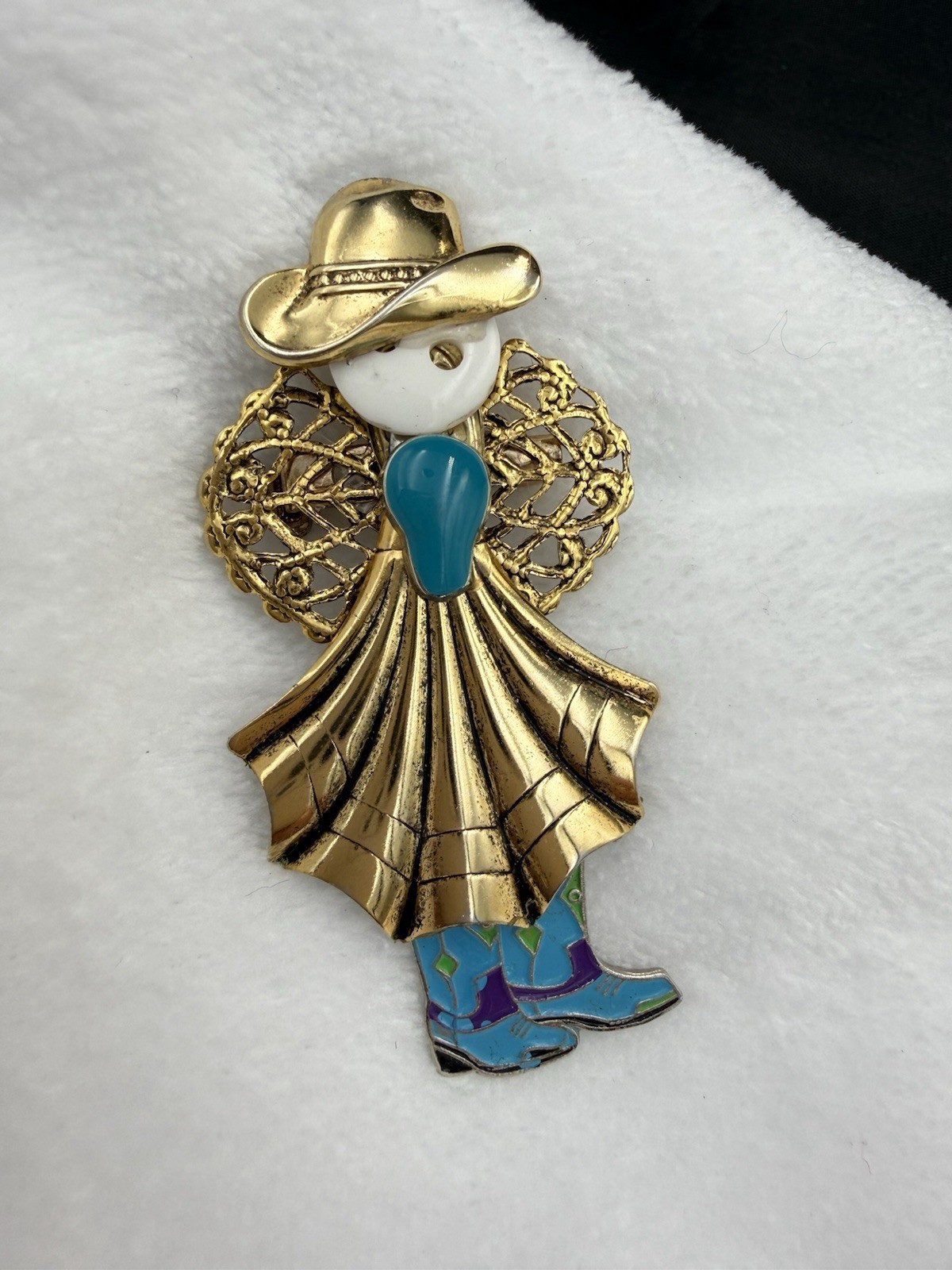 OTC Vintage Angel Cowgirl Novelty Brooch Pin Gold Tone Western Jewelry Gift