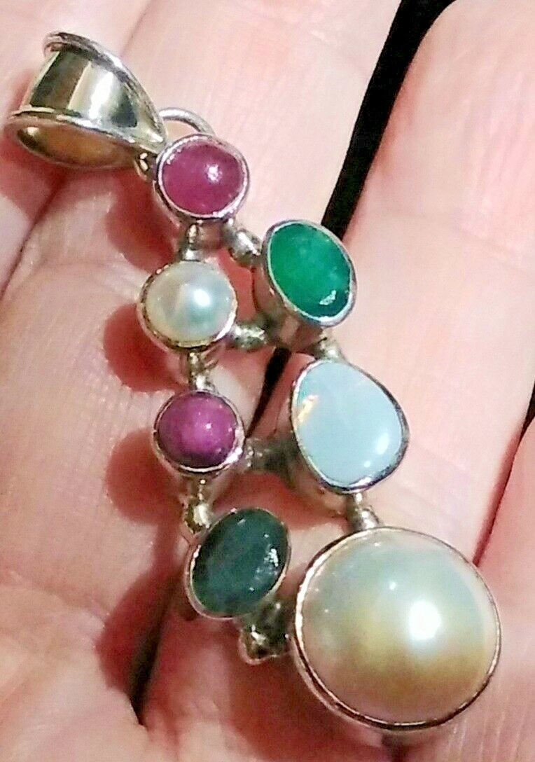 Unique Sterling Silver Opal Ruby Emerald Pearl One Of A Kind Pendant w Chain