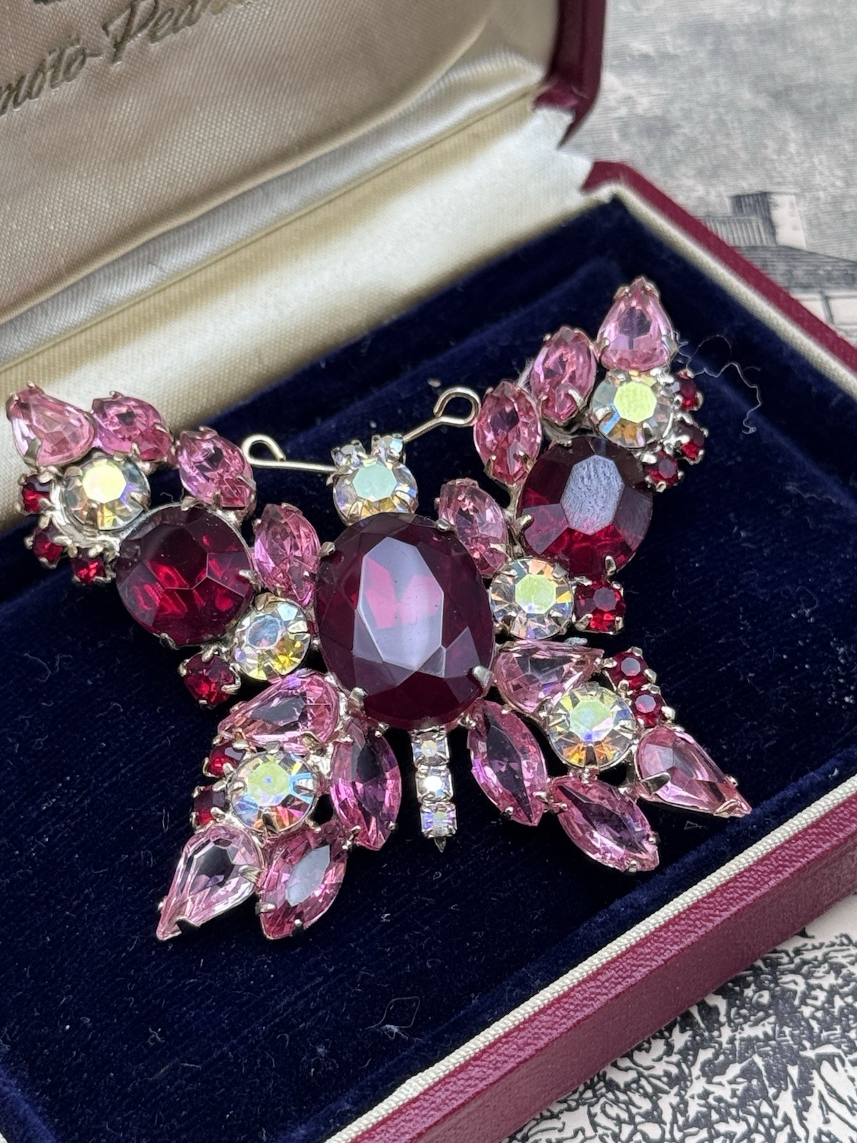 Vintage Butterfly Brooch Pink Red Rhinestone AB Crystal Goldtone Figural 2”