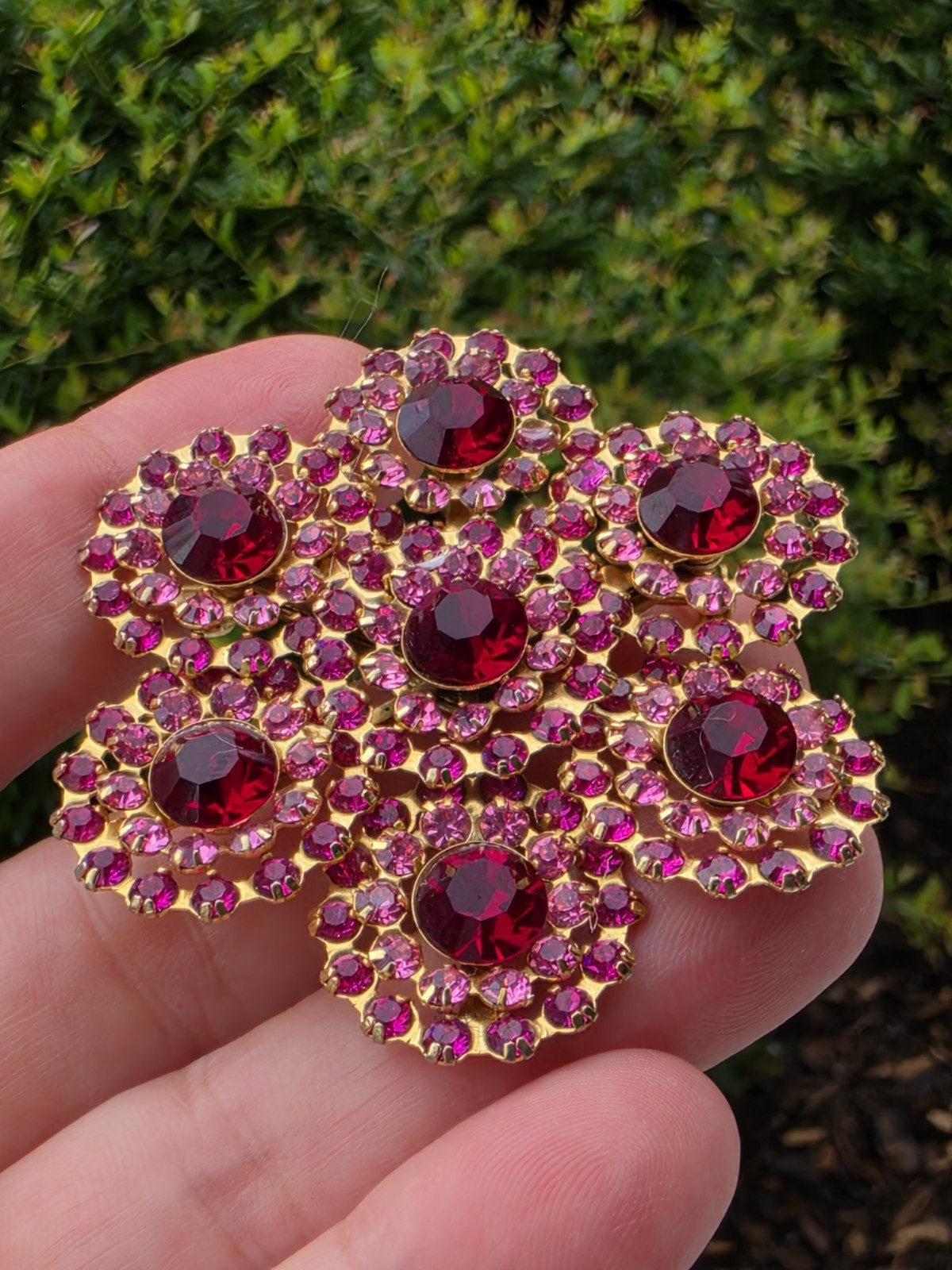 Vintage Mid Century Fuchsia Ruby Red Rhinestone Cluster Flower Brooch Floral