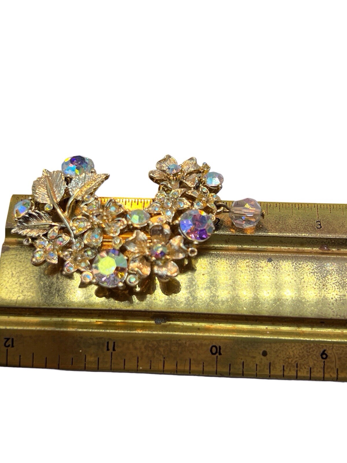 Crescent AB Rhinestone Brooch Floral Swag Dangle Bead Gold Tone Mid Cent READ B3