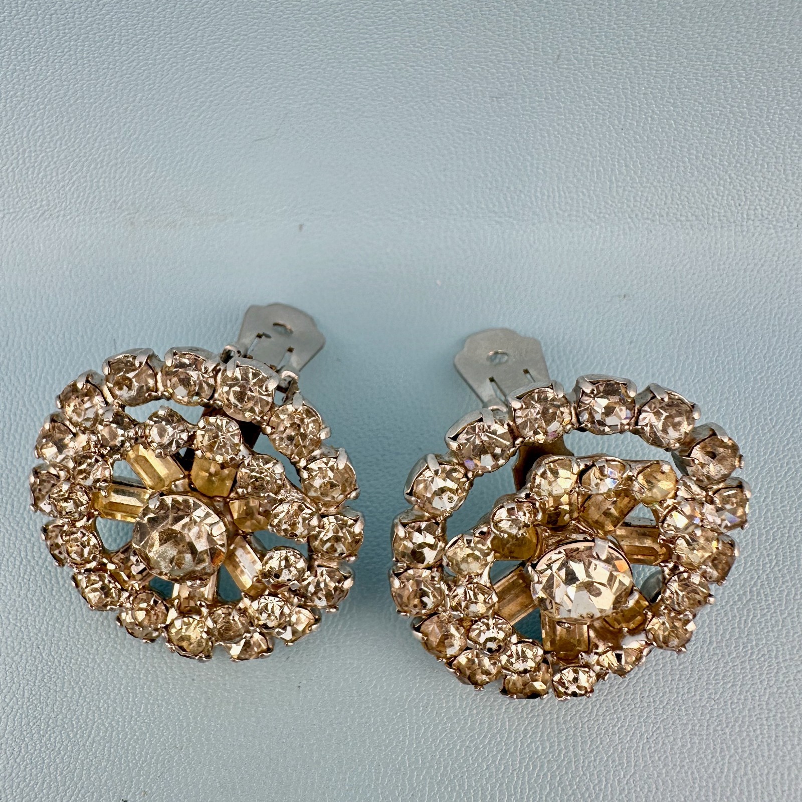 Vintage Rhinestone Earrings Silver Tone Round Cluster Baguette Prong Set Clip On
