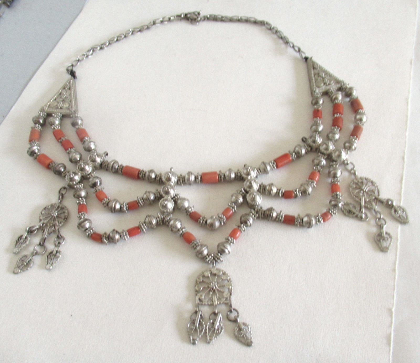 HUGE STATEMENT STERLING FESTOON NECKLACE w CORAL, 19 INCHES, 88 GRAMS, YEMENITE?