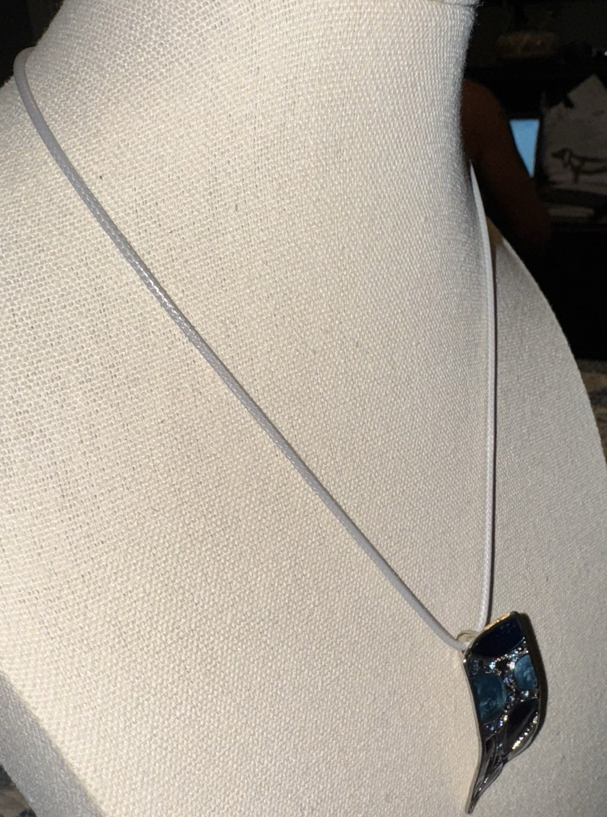 Vintage Silvertone & Blue Rhinestone Pendant On Gray Leather Cord 16”