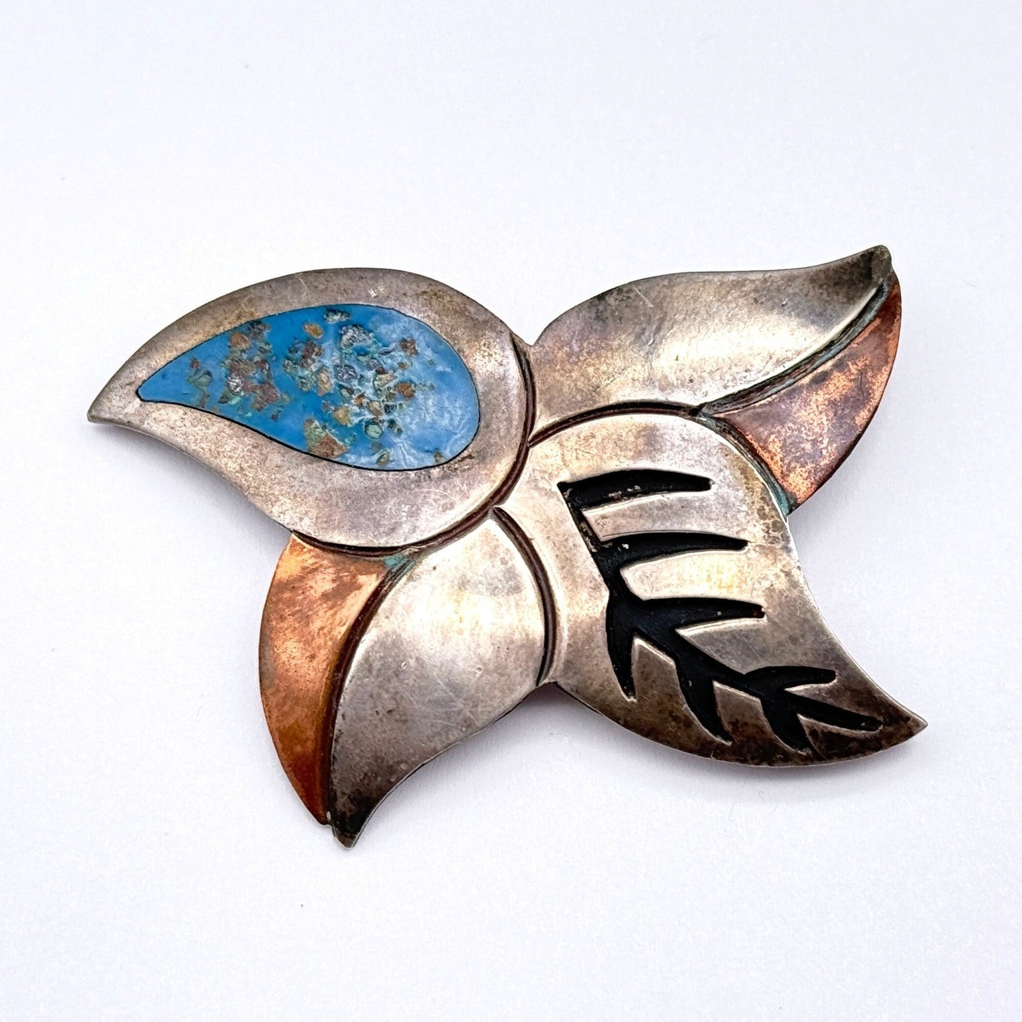 Vintage Modernist Mixed Metal Leaf Sterling Silver Pin Brooch