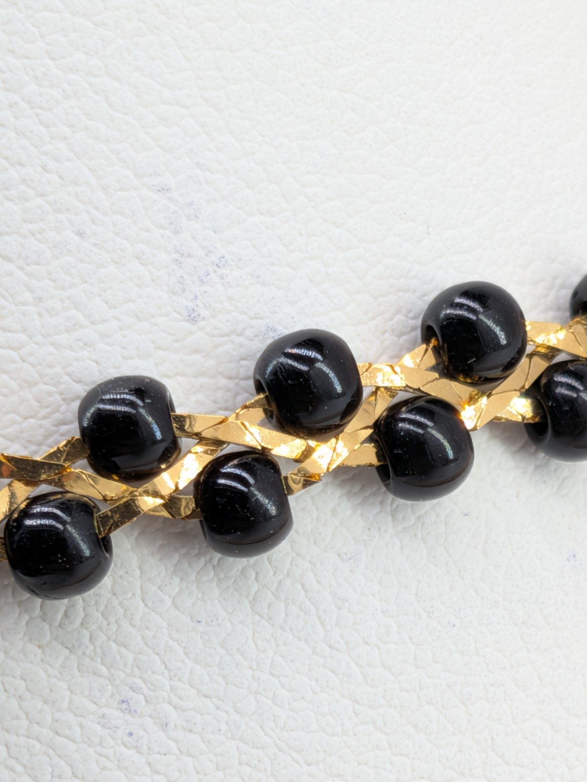 Vintage Trifari TM Bracelet Gold Tone Black Seed Bead Braided Link 7.5in Signed