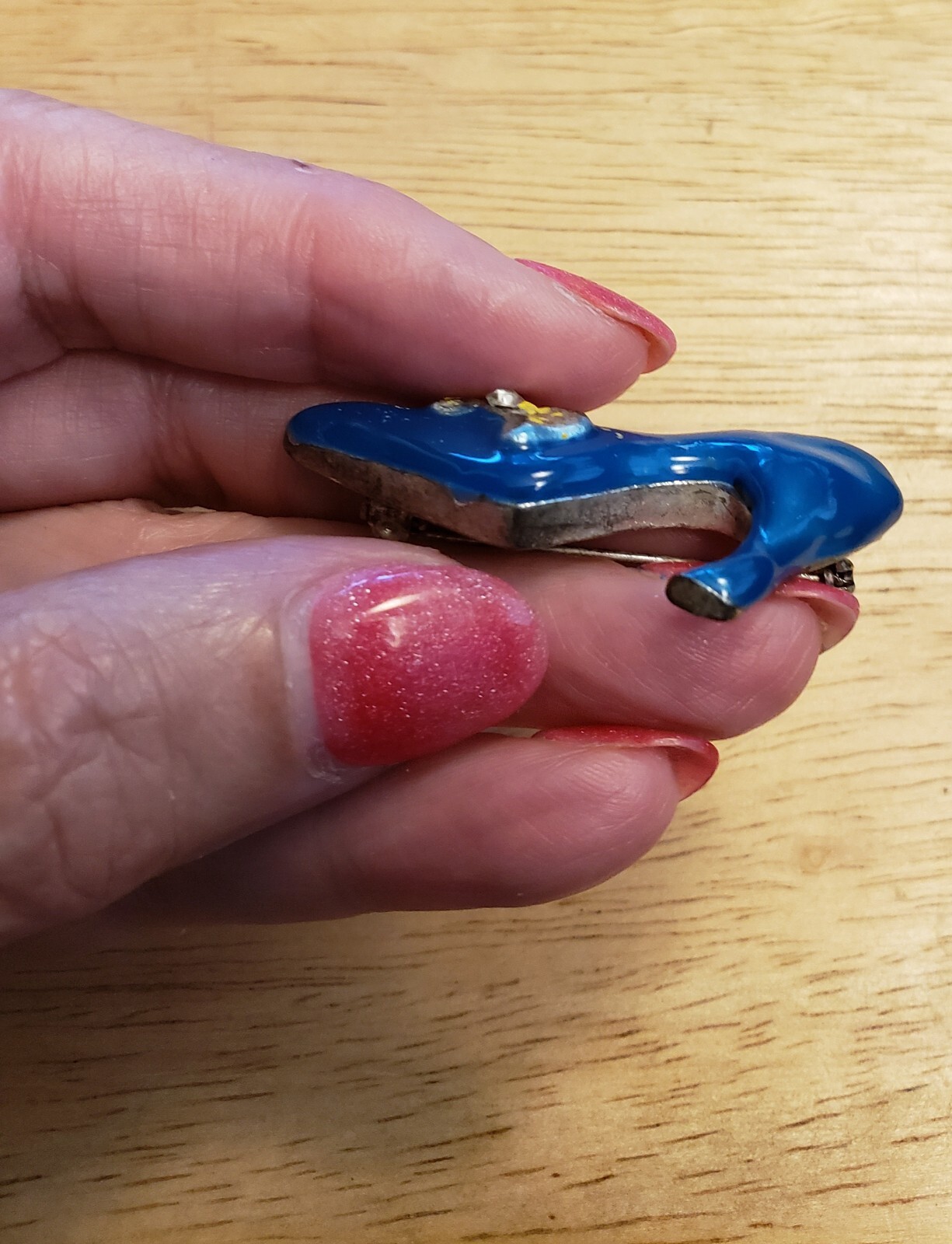 Vintage, High Heel Shoe Pin with Blue Enamel & Rhinestone Bow 1 1/2” across
