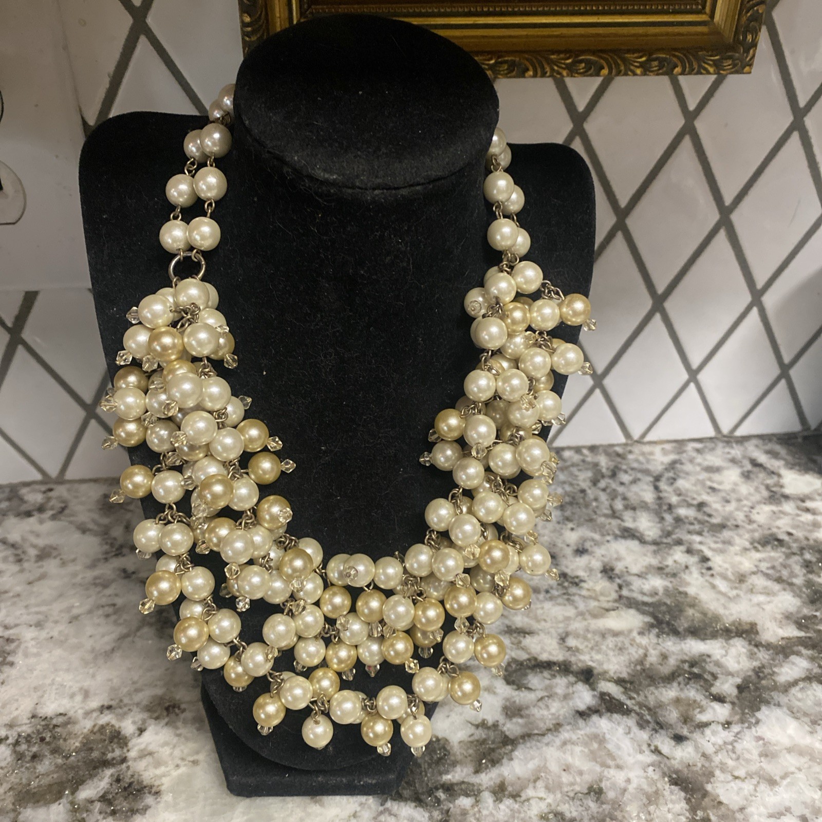 Stella And Dot Sophia White Champagne Faux Pearl Bib Choker Necklace 15-18”