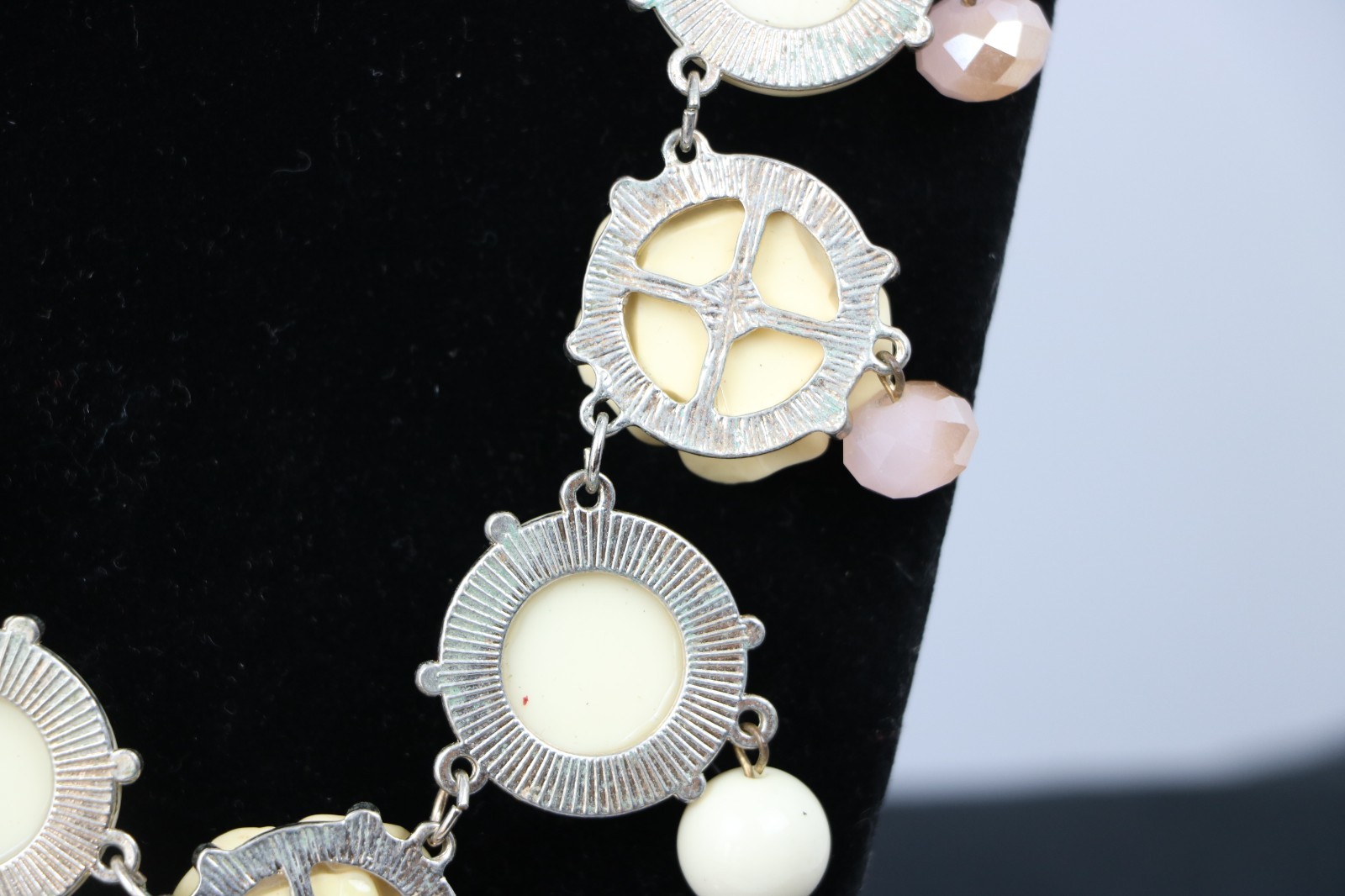 Rose Floral Statement Necklace Cream Bubble Bead Bib Boho Gold Tone