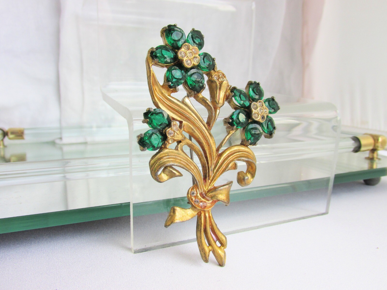 Rare Vintage Art Deco Unique Dark Green Glass Cabochons w/ Eyes Brooch Pin