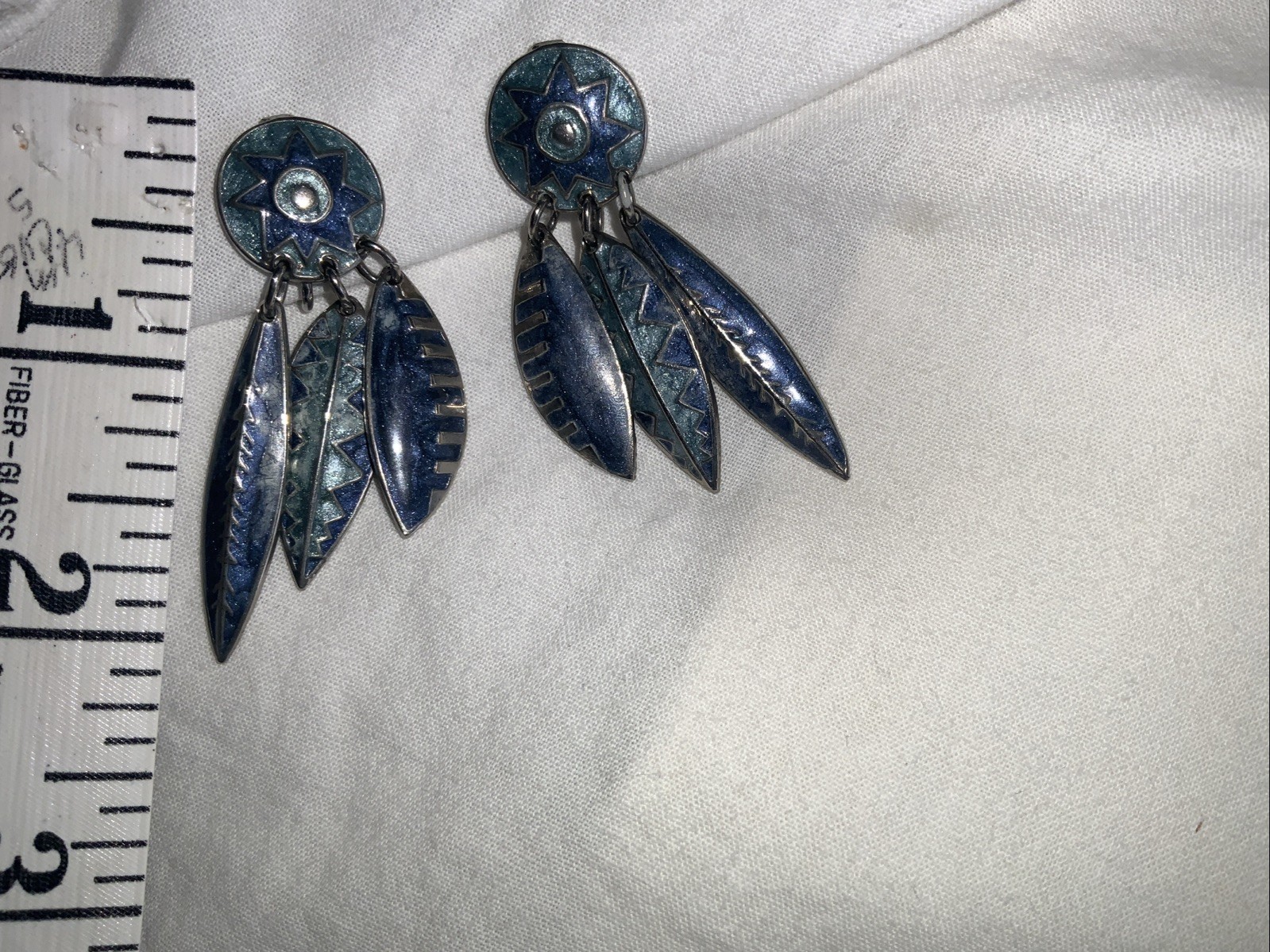 Vintage Edgar Berebi Blue Earrings South Western Theme Clip On Feathers Enamel