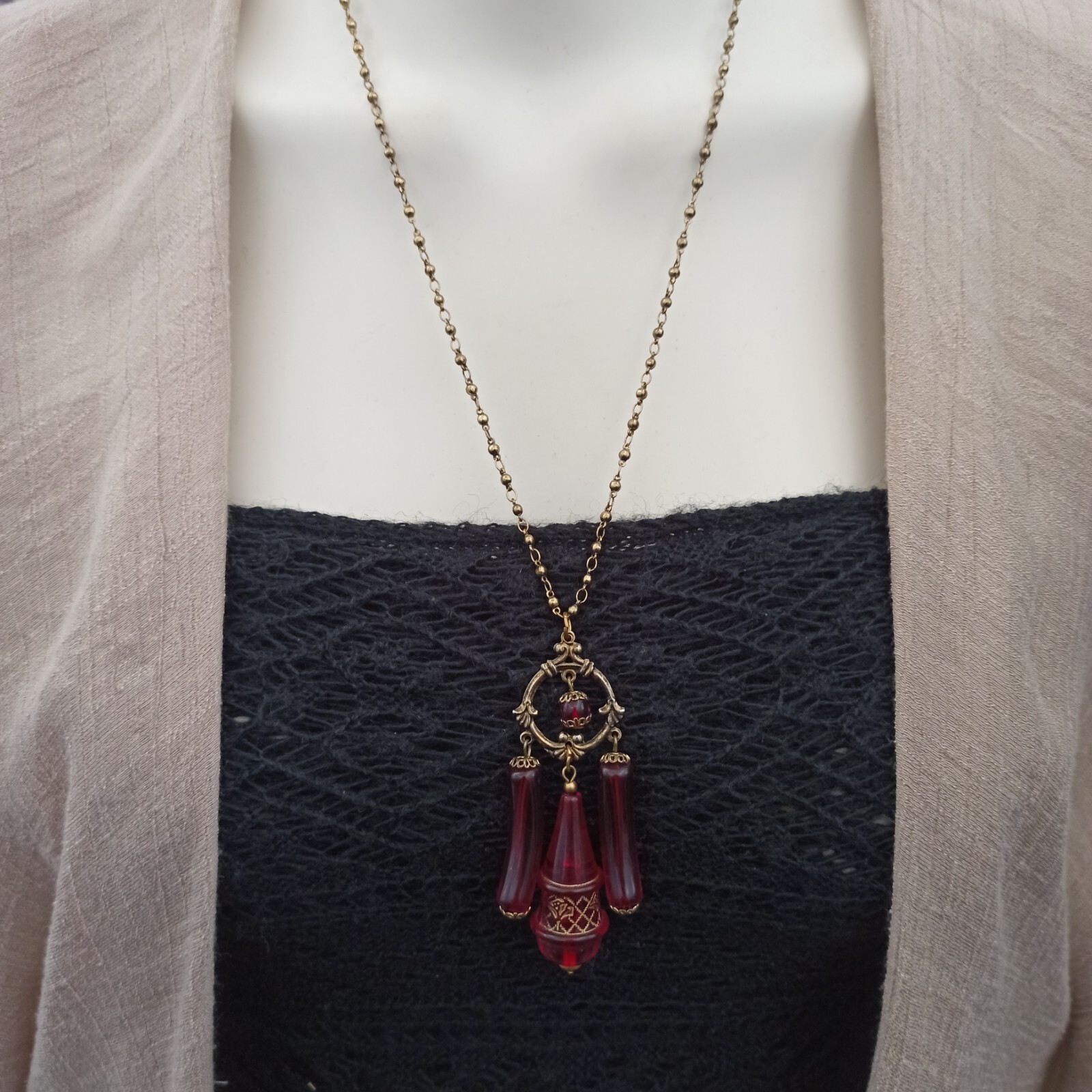 Vintage Red Necklace Rosary Beaded Tassel Long Lucite Art Deco Revival 23″ Boho