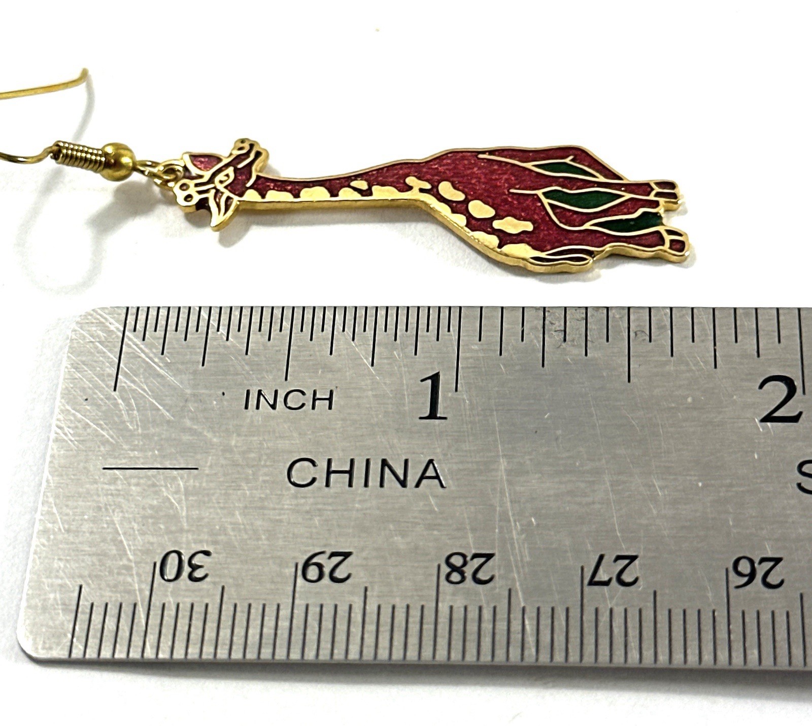 Vintage Giraffe Dangle Earrings Gold Tone Red Green Enamel Safari Animal 1.75”