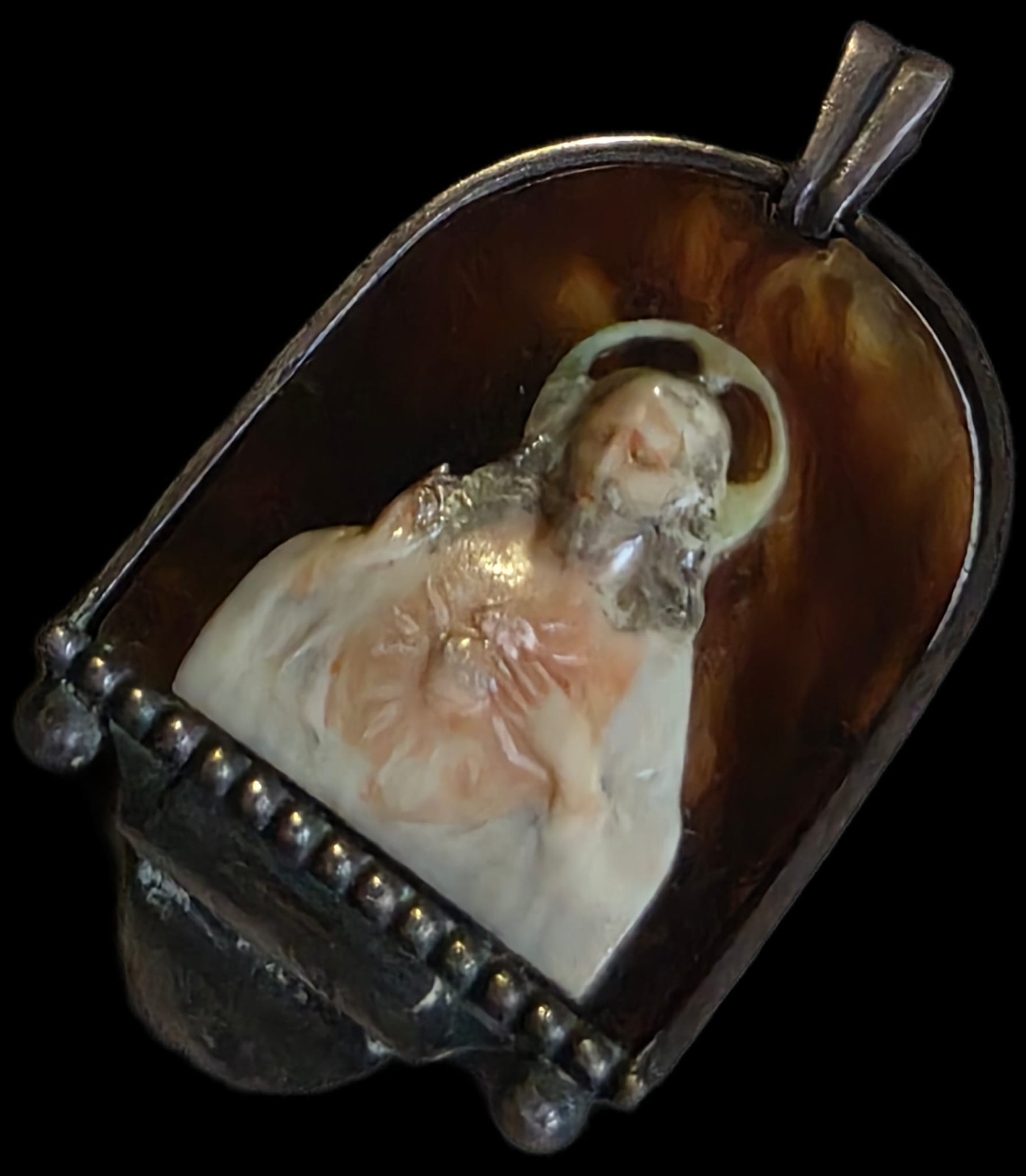 Fine Antique Art Nouveau Silver Sacred Heart of Jesus Pendant Reliquary Ca 1900s