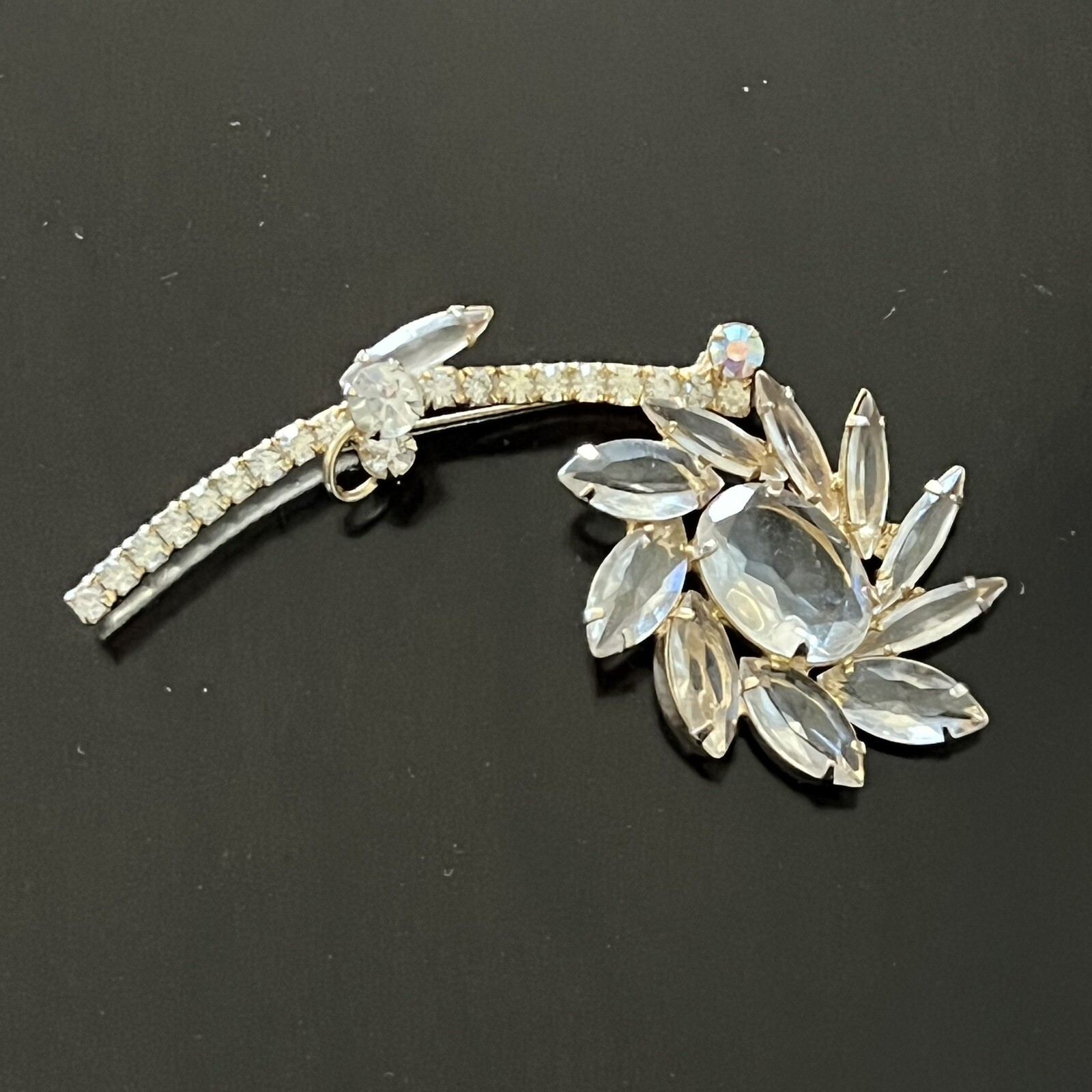 Vintage Clear Gass & Rhinestone Flower Stem Gold Tone Large Brooch Pin READ