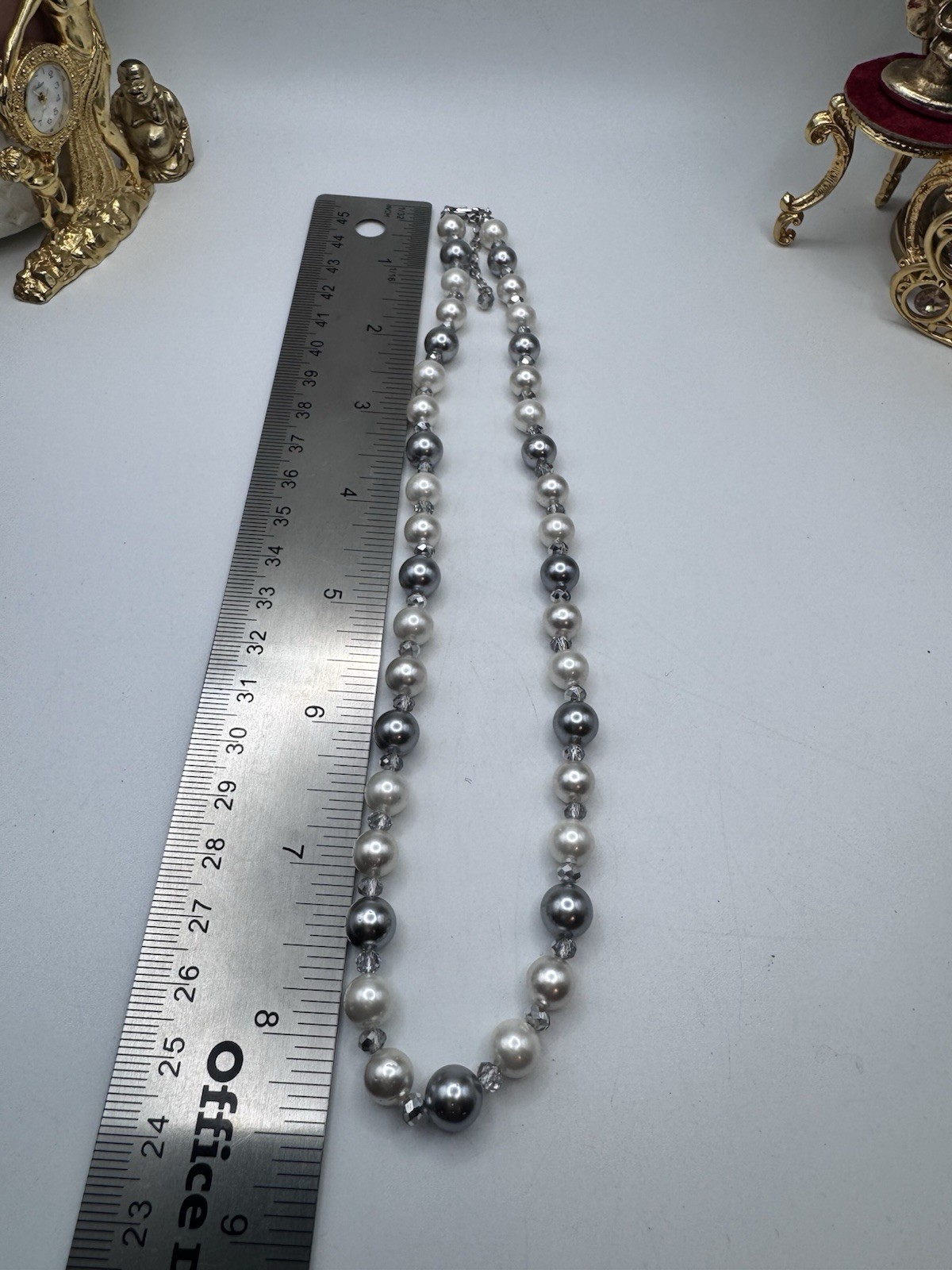 Vintage Elegant Gray and White Faux Pearl And. Crystals Necklace 16”- 18” Long