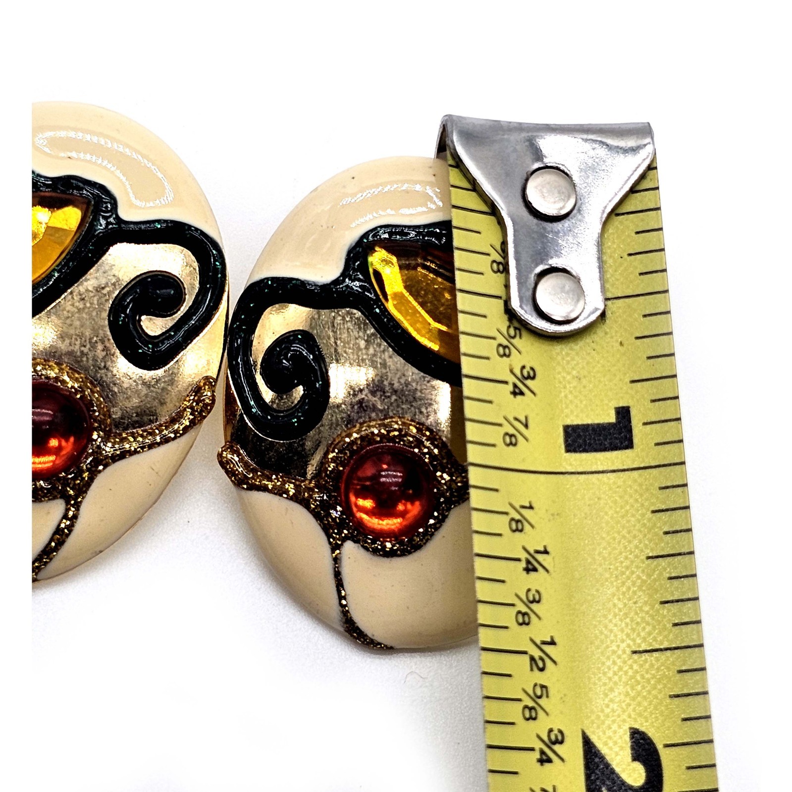 Vintage Statement Earrings – Abstract Enamel Swirl Design with Amber & Red Glass