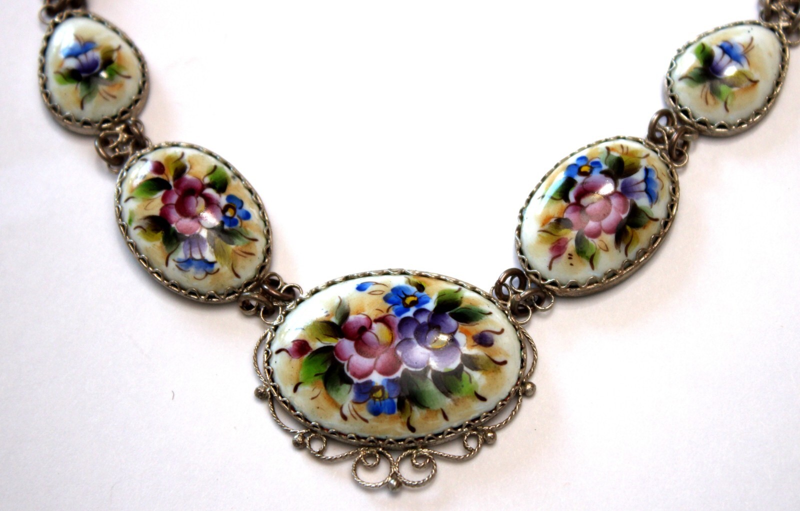 Vintage Unique Russian Enamel Hand Painted Jewelry Set Earrings & Necklace #27a