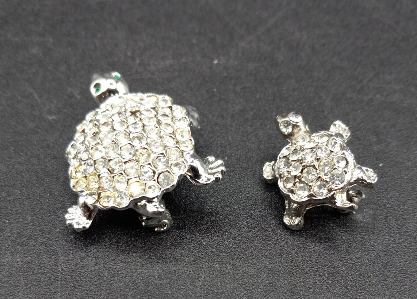 Set of 2 Vintage Silvertone Turtles with Clear Rhinestones