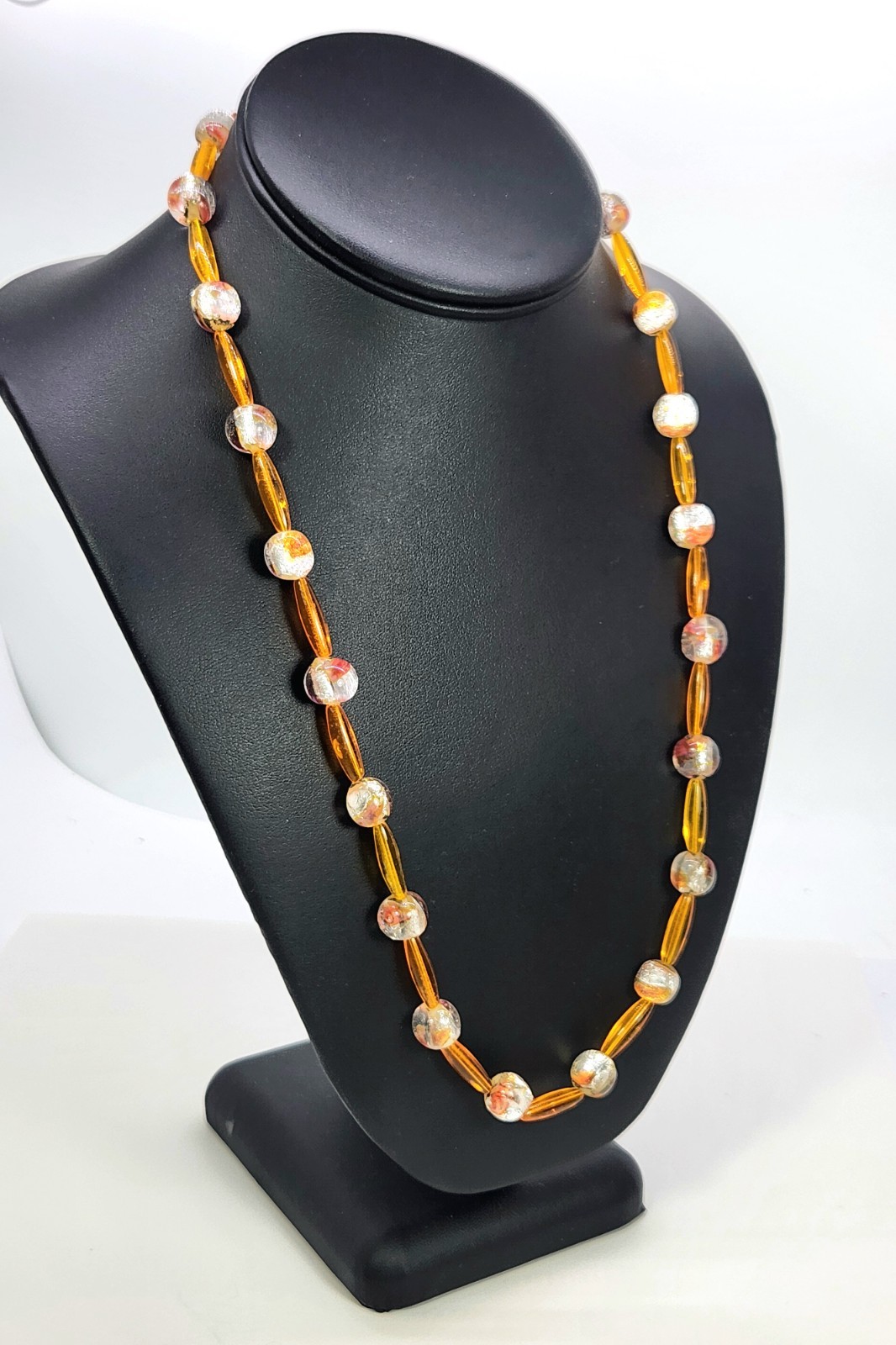 Art Glass Foil Bead Necklace Orange Silver Vtg Czech 23 Inch Oblong & Round