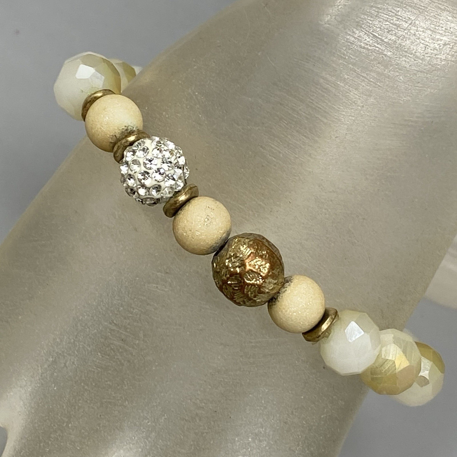 Glass Beaded Bracelet White Opaque Yellow Fire Polished Faceted Stretch 7″