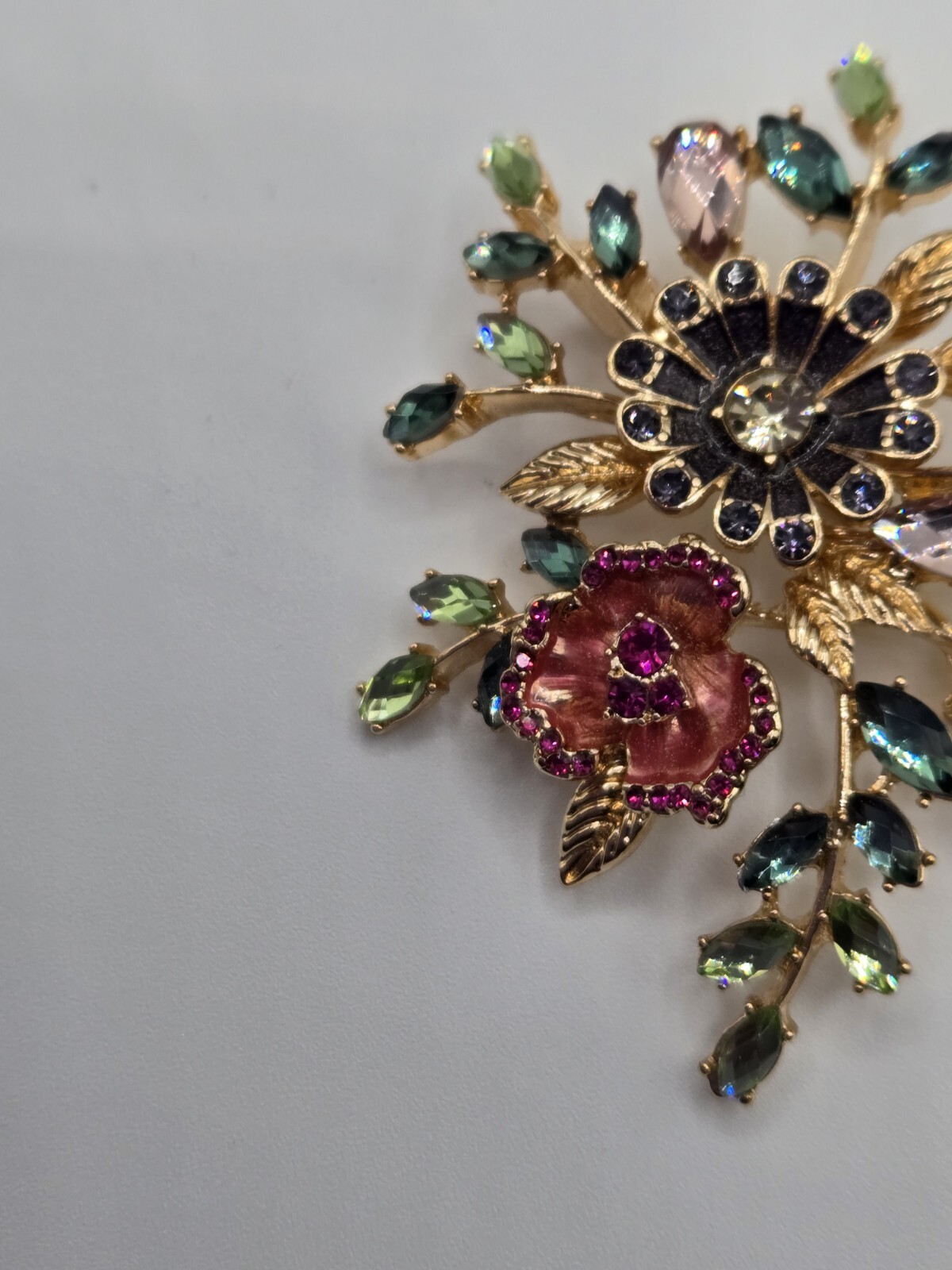 Napier Flower Brooch Gold Tone Enamel Green White Pink Purple Stones